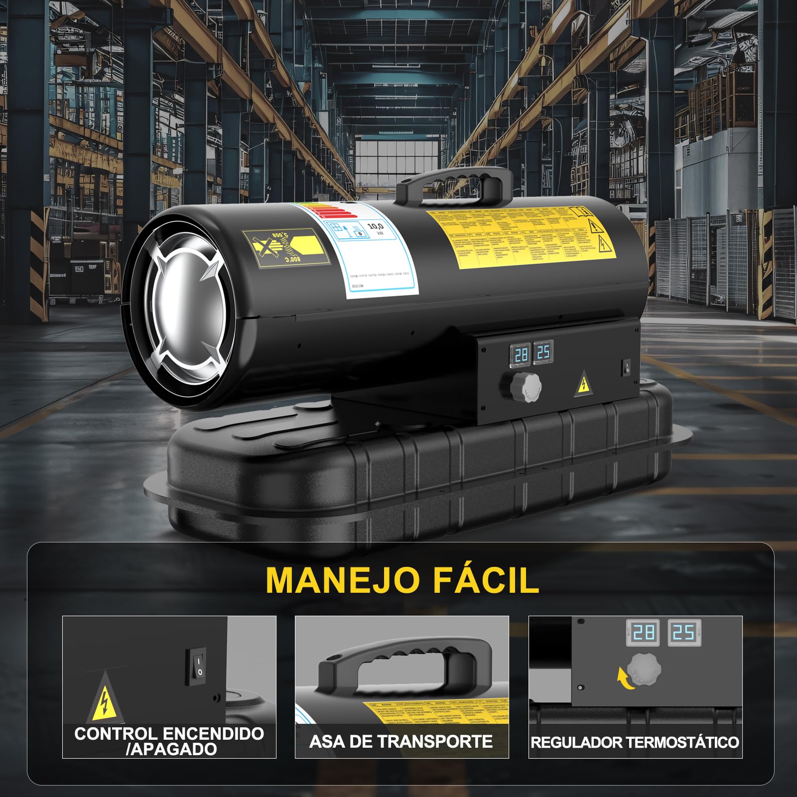 Calefactor Diésel 10 kW - Termoventilador Industrial - Caudal 450 m³/h - Termostato Regulable e Indicador de Nivel de Combustible - Para Talleres, Obras y Uso Agrícola