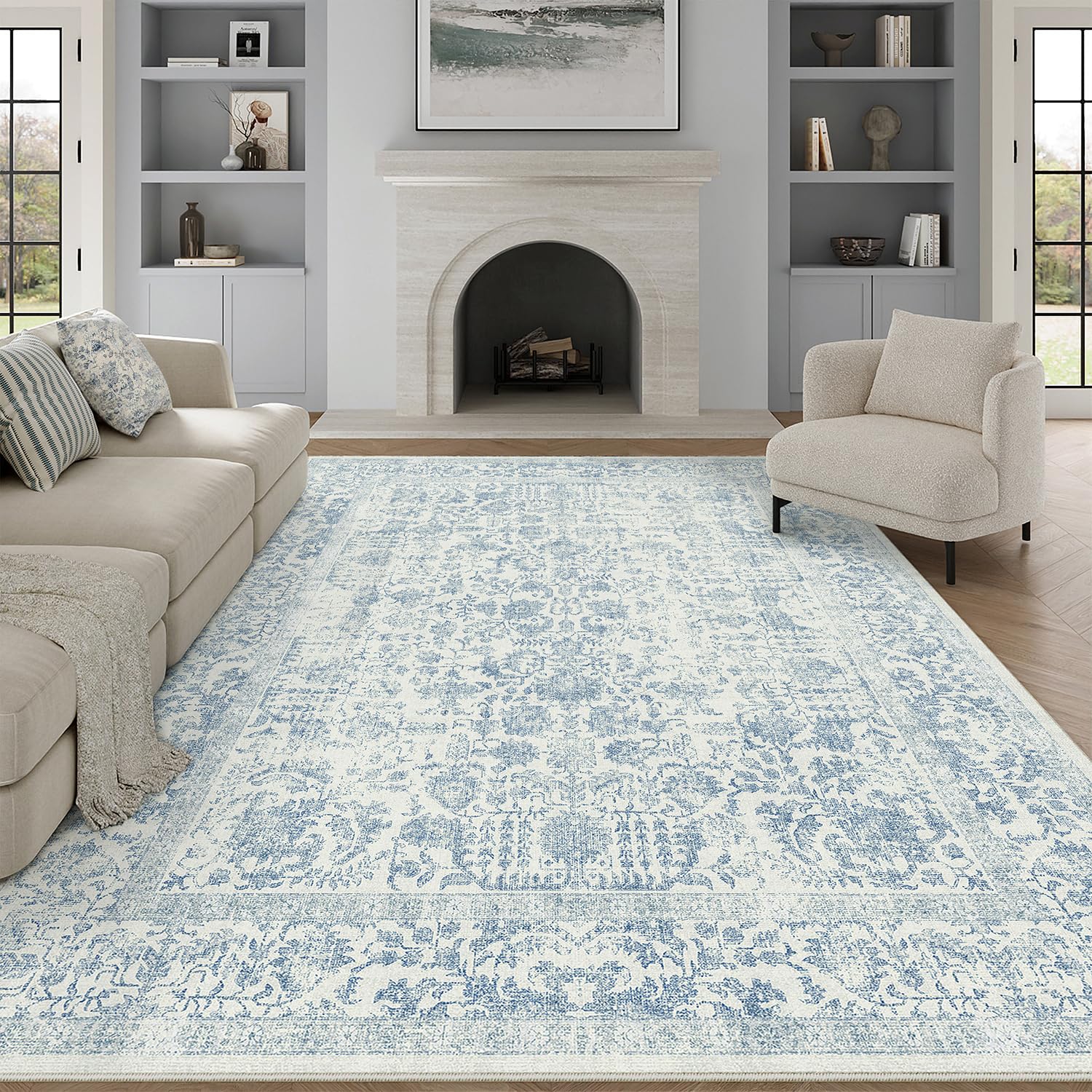 HUGEAR Vintage Tappeto Salotto Blu Tappeti 240x300cm Soggiorno Antiscivolo Lavabile in Lavatrice Tapette Camera da Letto Sala Ufficio Bambina Bambino Pelo Corto Grande Carpet