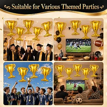 ABOOFAN 5 Pack Gold Champion Trophy Foil Balloons for Sports Party | Easy to Inflate, Mylar Foil, Sports Theme Birthday, Soccer and Basketball Party, Photo Backdrop, Graduation Decorations