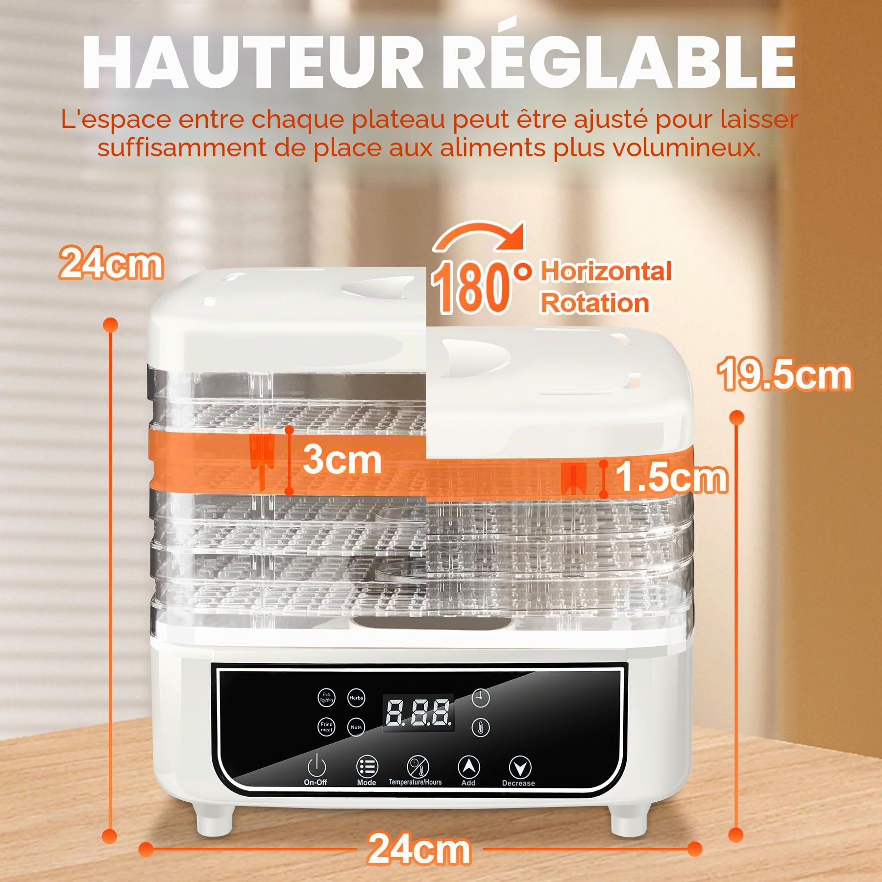 KingSom Déshydrateur Alimentaire, Déshydrateur à 5 Plateaux Réglables en Hauteur, Déshydrateurs d'Aliments avec Minuterie 72H et Température 35-70°C, 4 Modes, Deshydrateur Fruits et Legumes, Sans BPA
