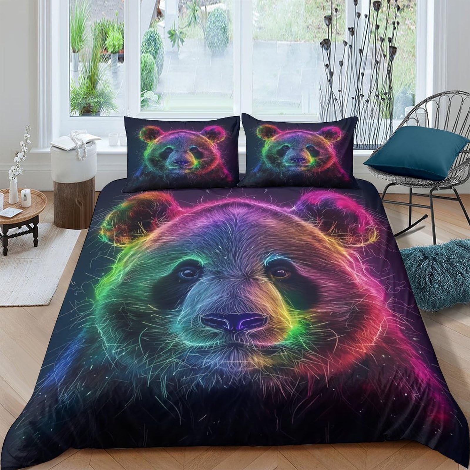 Ctjqhvkz Style-9 3D Printed Neon Panda Fitted Sheet Microfiber Soft Anti-Slip Rainbow Bear Mattress Cover For Bedroom Decor Single（135X200cm）