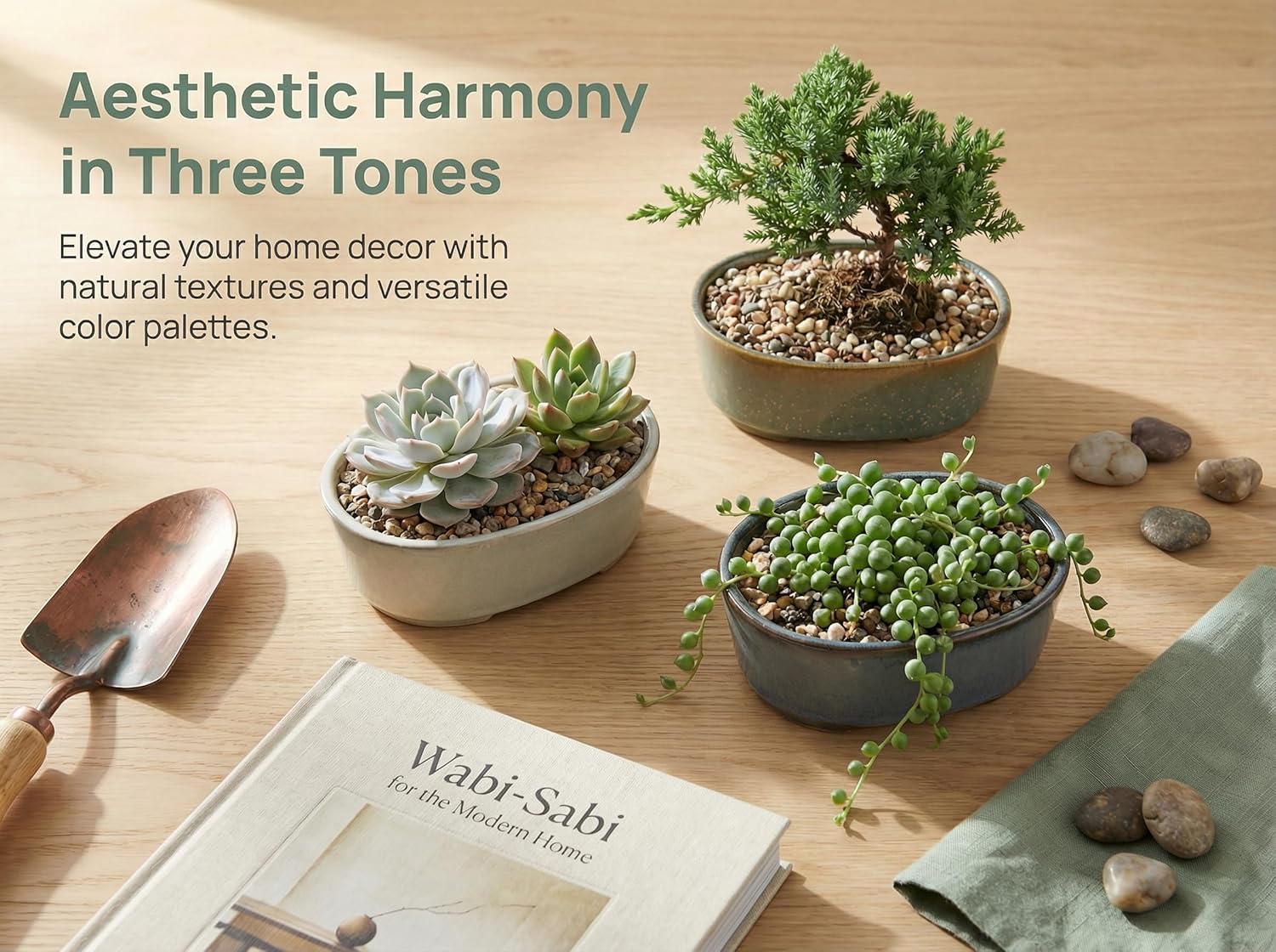 Ceramic Bonsai Pots with Drainage Tray, 3 Pack Succulent Pot Set, 6.3-Inch Kiln Glaze Shallow Bonsai Tree Pots for Beginners, Outdoor & Indoor Decor