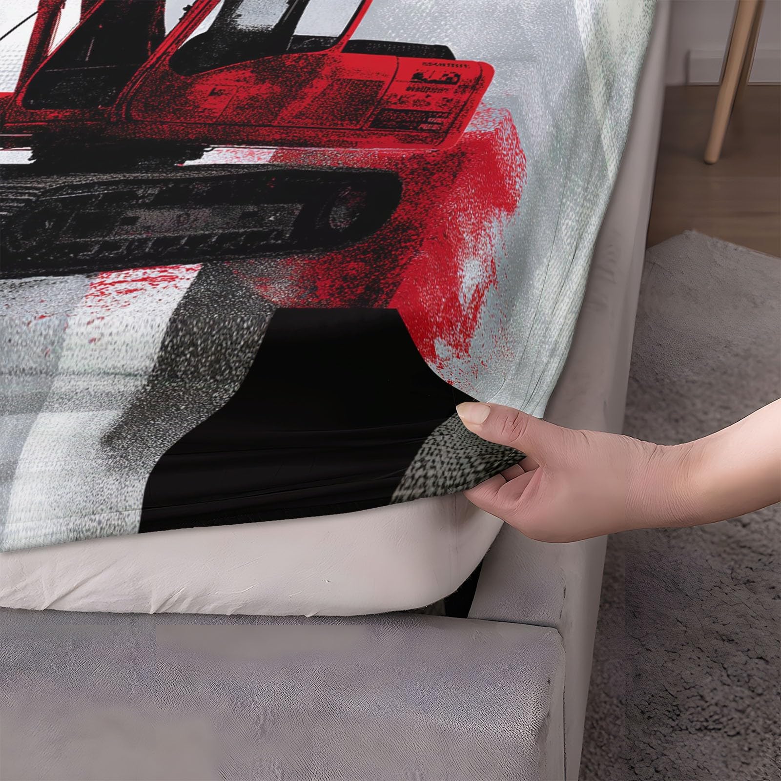 200 x 200 cm Drap Housse Microfibre, Excavatrice Abstraite À Blocs Couleur Imprimé Parure De Lit Doux Élastique Drap Housse 30 cm Profonde pour Matelas Epais - Convient à Toutes Les Saisons, Gris