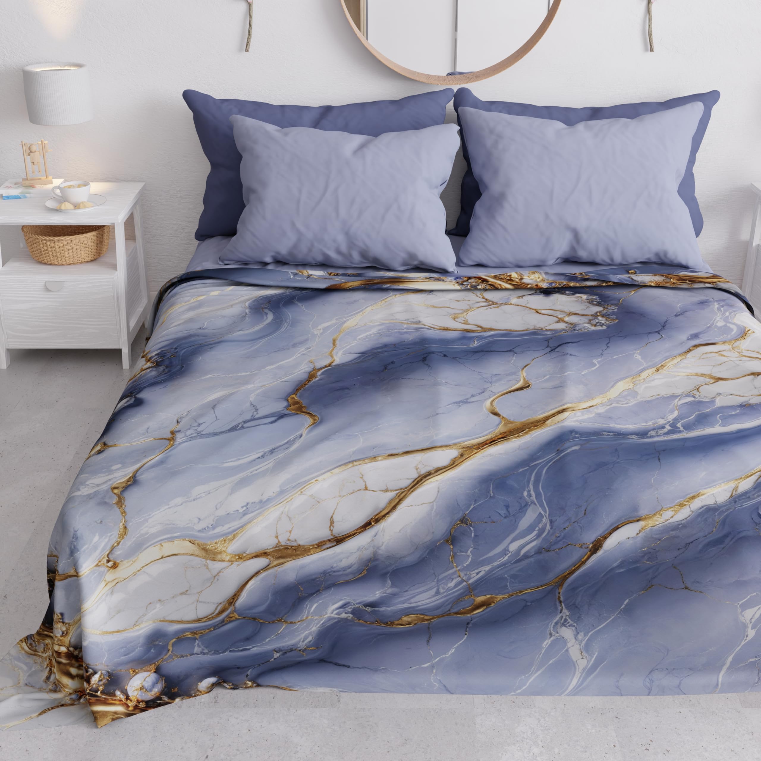 PETTI Artigiani Italiani - Spring-Summer Double Bed Bedspread Lightweight Blanket Double Bed Linen Indigo Marble 100% Made in Italy