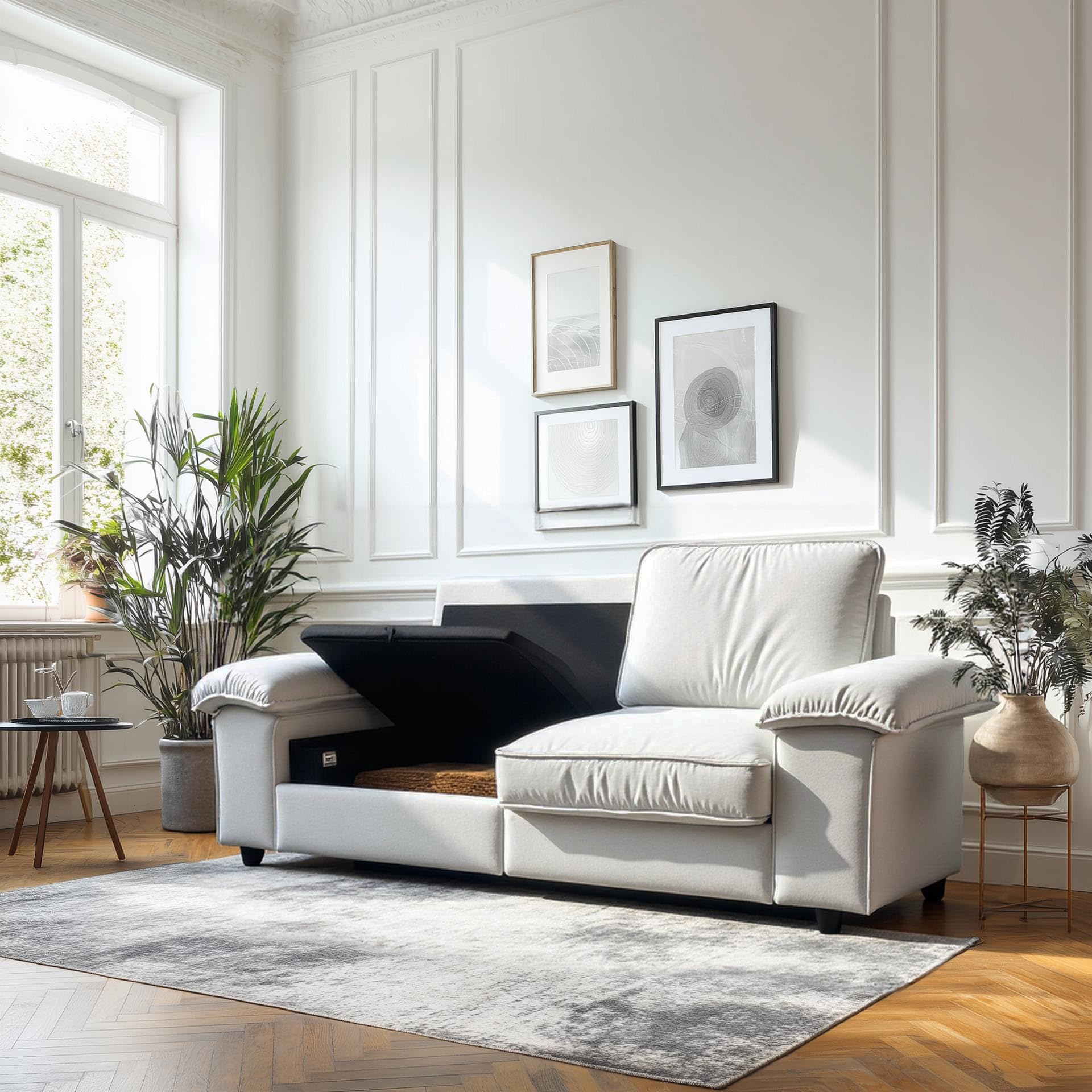 201cm Velvet-Sofa für kleine Räume, Moderne 2-Sitzer Loveseat Couch mit verstecktem Stauraum, High-Density-Schaumstoff mit Breiten Armlehnen für Wohnzimmer Apartments (Cremeweiß)