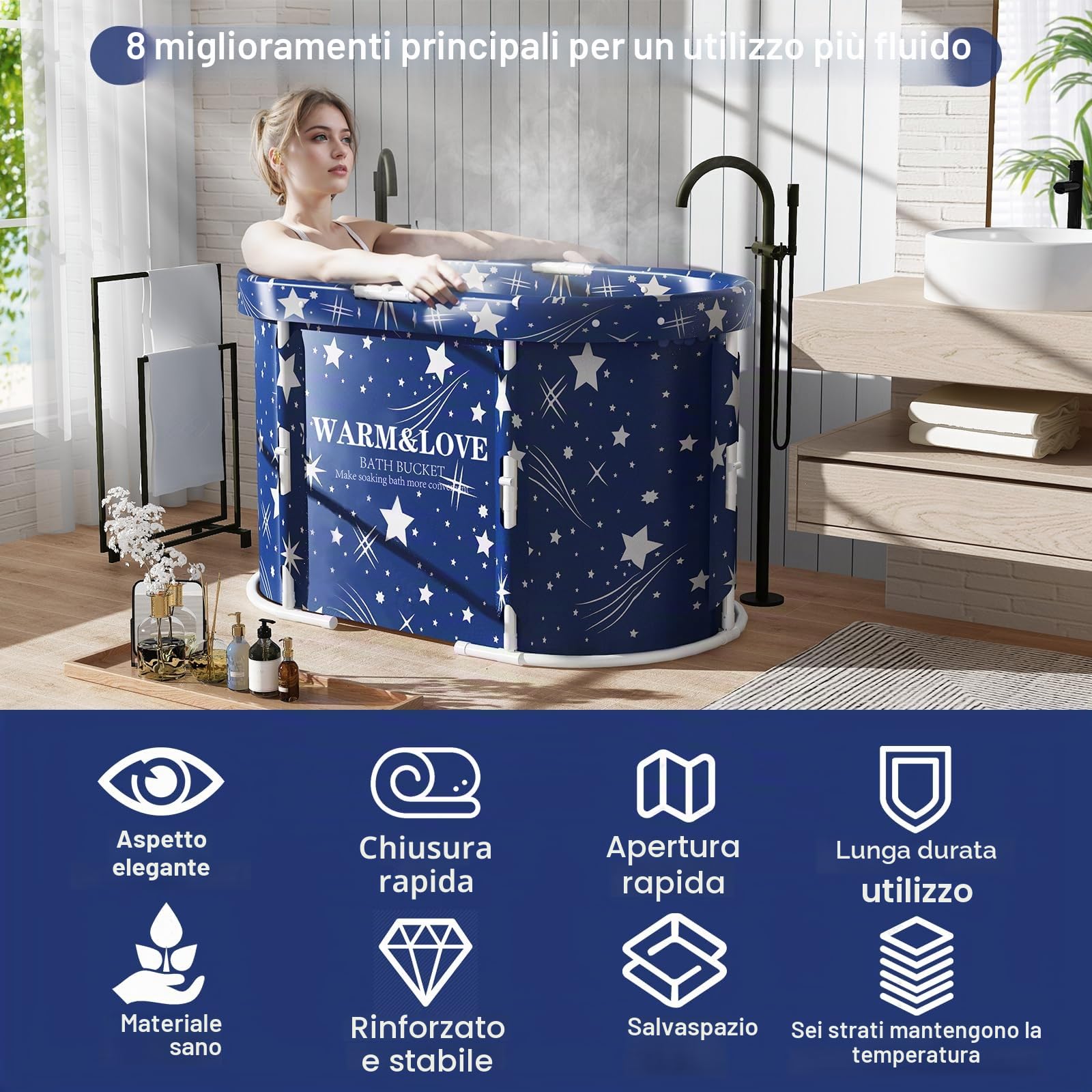 Vasca da bagno pieghevole portatile per adulti, vasca da bagno per la doccia,Nessun assemblaggio necessario (blu, ovale-94L x 55W x 56H cm)