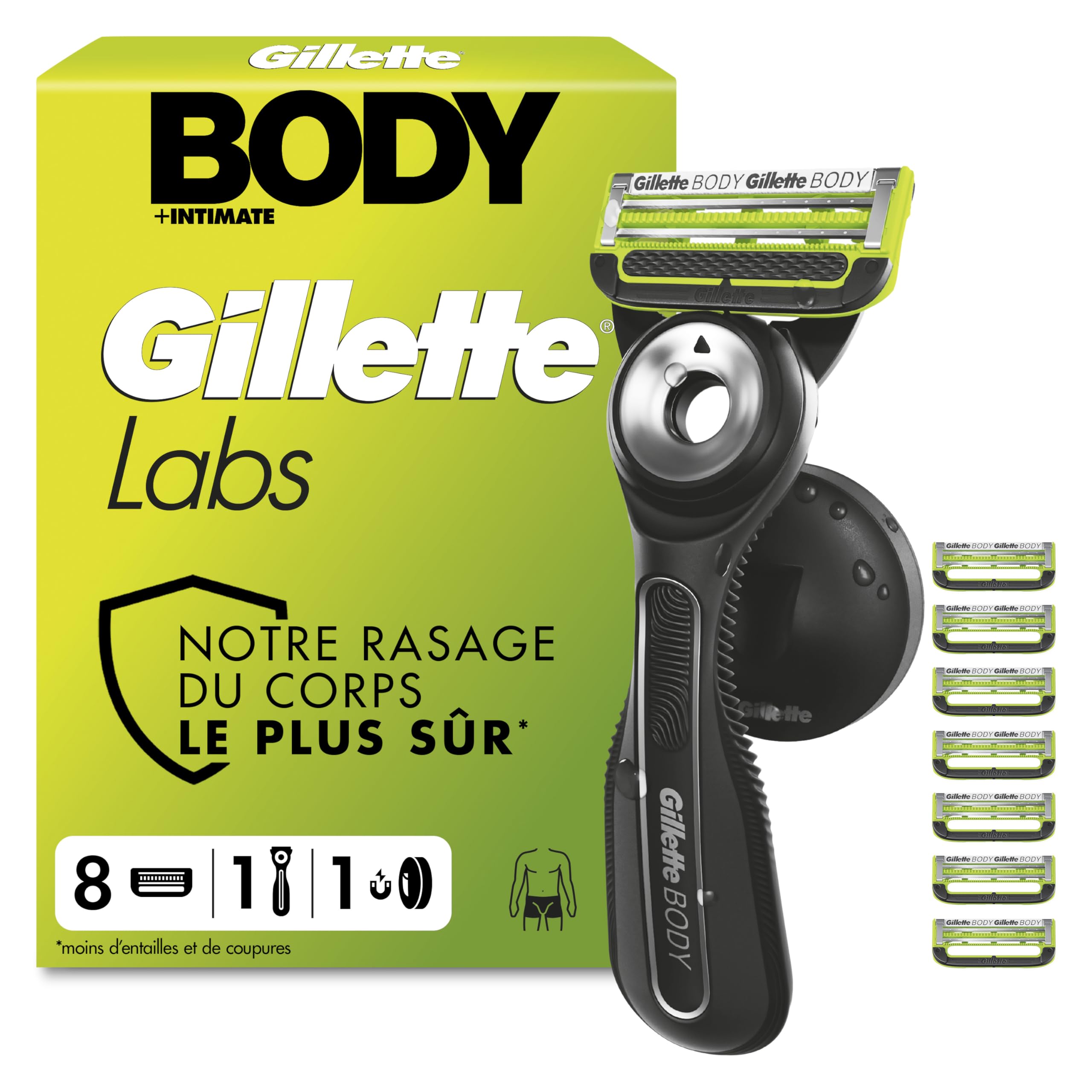 Gillette Labs Body + Intimate Rasoir Intime Homme, 8 Cartouches, Noir – Lames Anti-Poils Incarnés, Manche Facile à Gripper