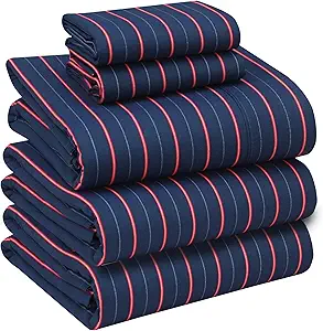 RUVANTI 100% Cotton Split King Sheets Sets for Adjustable Bed, 5 PCs, Soft & Breathable Percale Weave Bedding, Deep Pocket 16", Hotel Standard, Crisp Cool Feel & Durable, Striped Sheet, Nautical