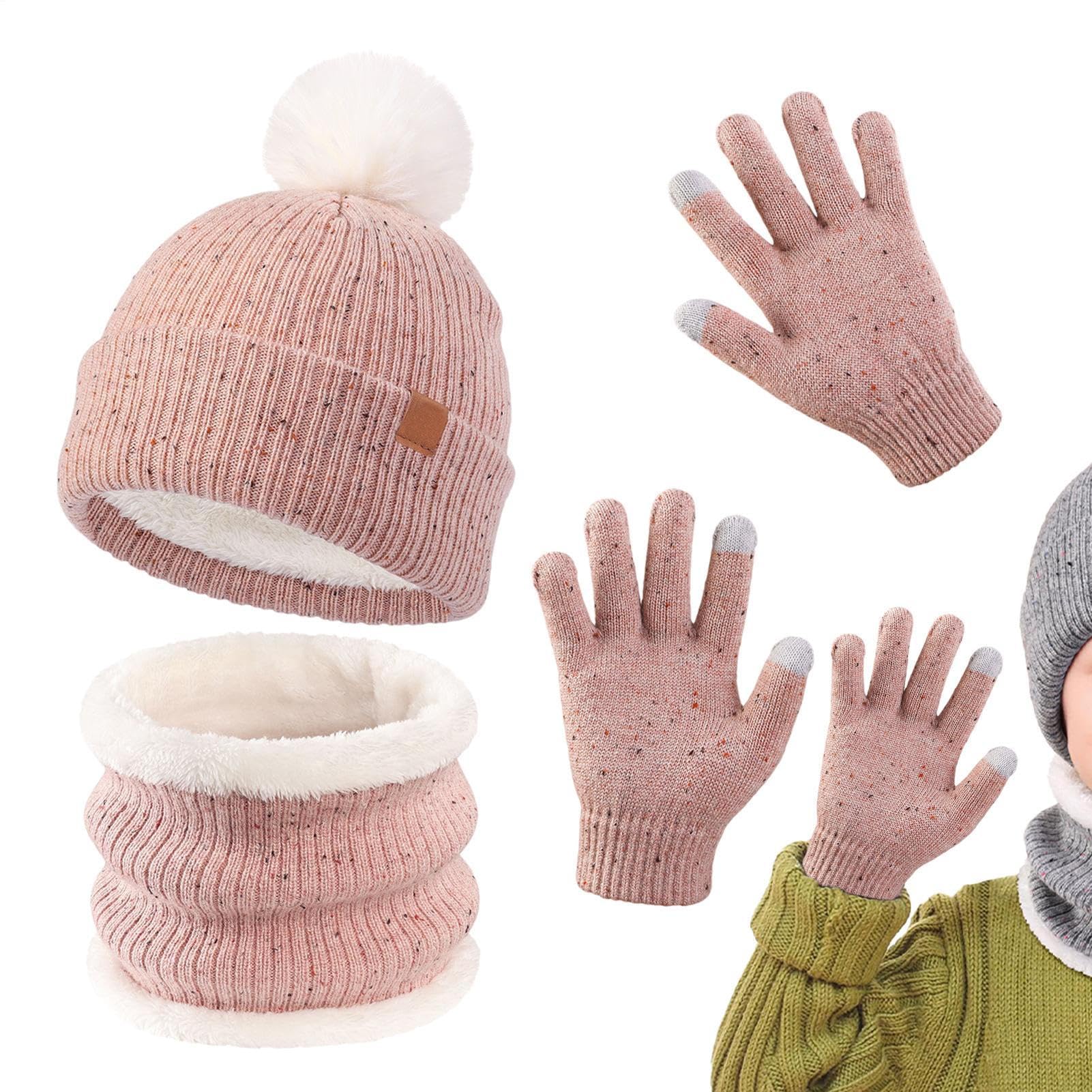 ZH1YFD Kinder-Wintermütze, Handschuhe, Schal-Set – niedliche Kleinkind-Wintermütze, Halswärmer und Handschuhe, weiches Thermo-Zubehör für kaltes Wetter für Abenteuer, Skifahren, Skaten, Wandern,