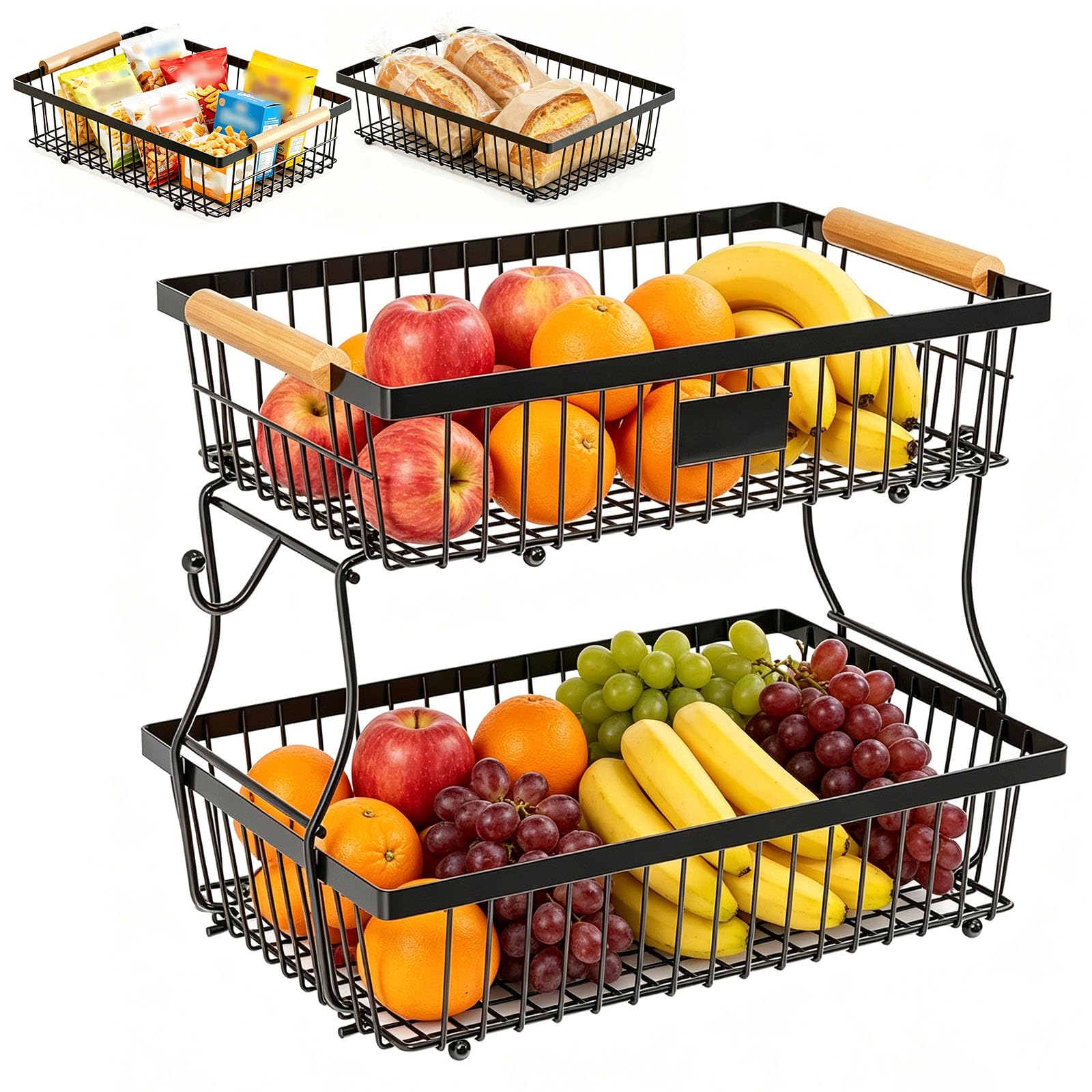 Linzerry 2-Tier Fruit Basket Stand Fruit Black Fruits Basket Metal Fruit Bowl 41 x 29 x 24 cm Removable Fruit Bowl with Wooden Handle Fruit Basket Hanging Fruit Basket Vegetable Basket for Fruit
