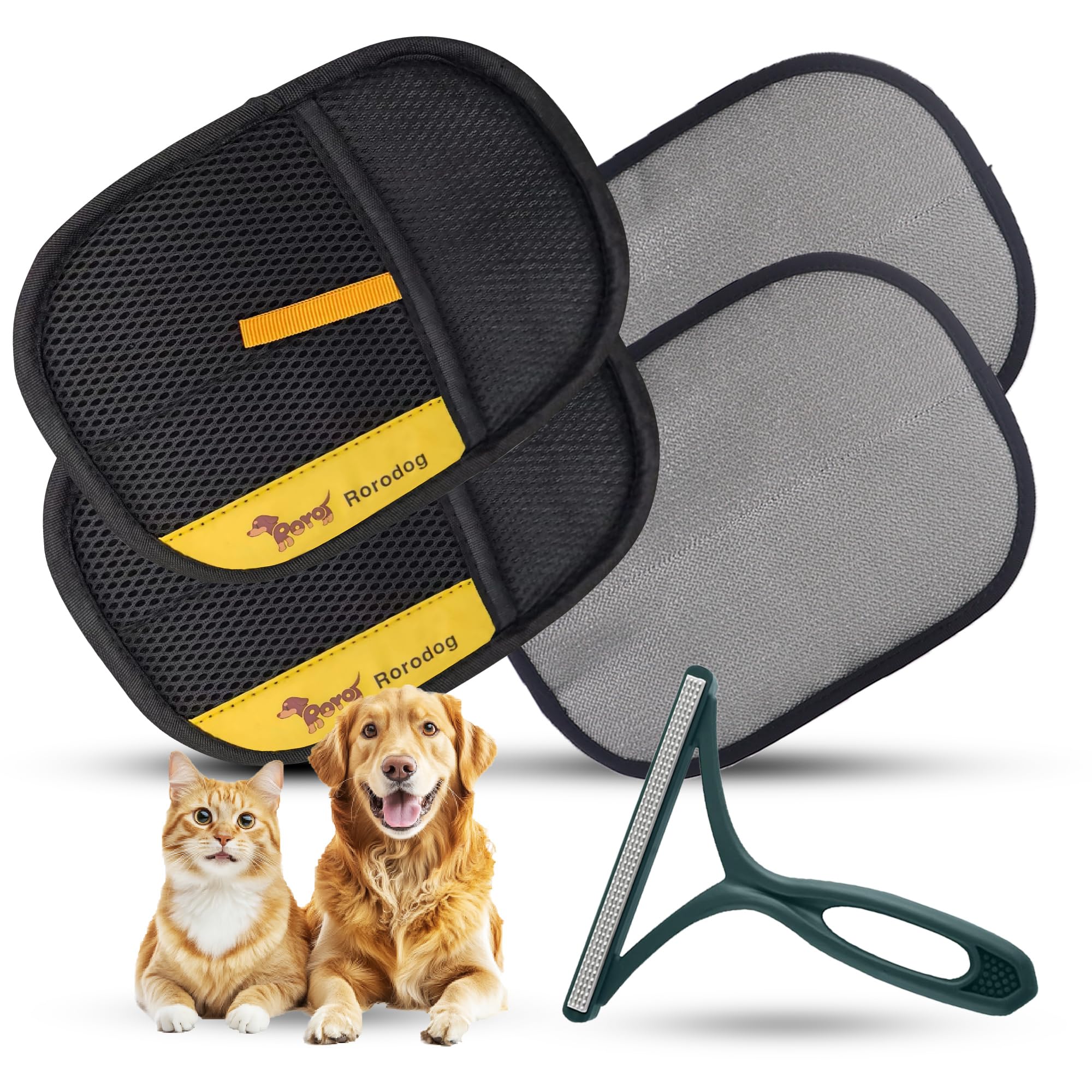 2-Pack Pet Hair Removal Gloves with A Hair/Lint Removal Tool – Remove Cat/Dog Fur from Clothing, Furniture, Car Seats, Bedding & Carpet – Reusable & Washable Lint Hair Remover for Pet Owners