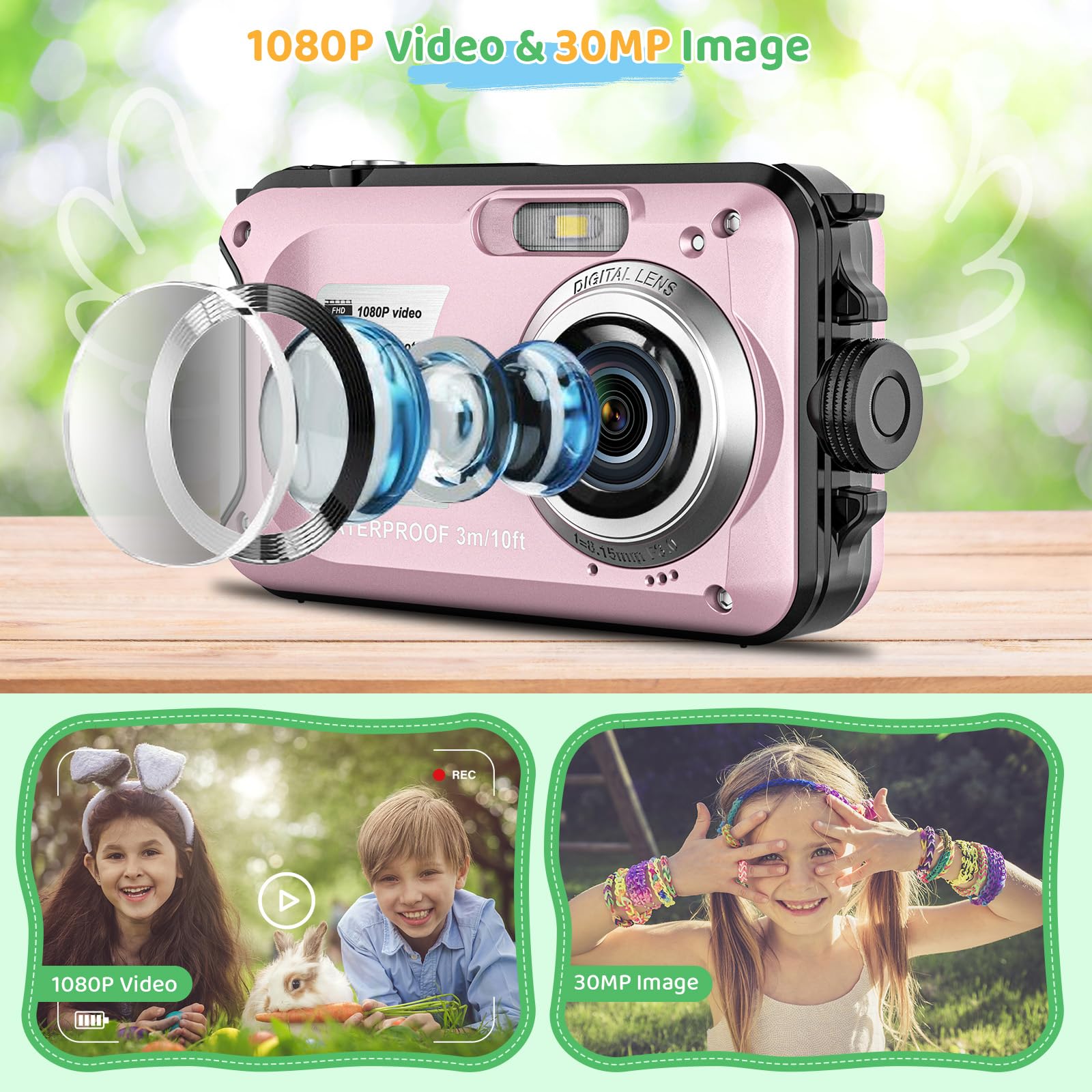 Appareil Photo Etanche Numérique 10FT 1080P Full HD 30MP Caméra étanche 16X Zoom Appareil Photo pour Enfants