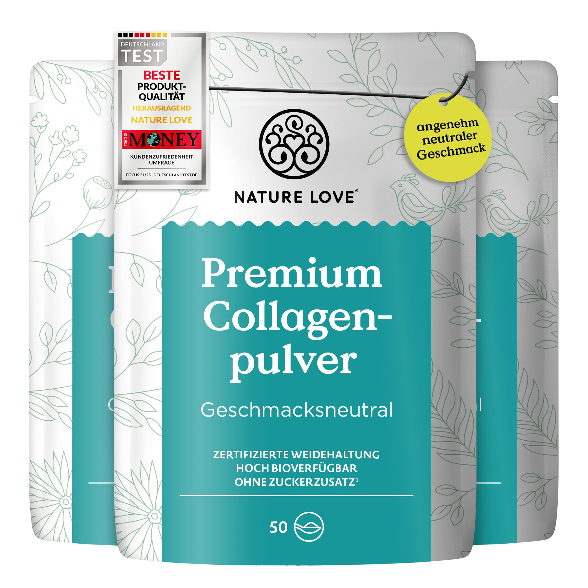 NATURE LOVE® Premium Collagen Pulver - 1500g Kollagen - Peptide Type 1 und 3 - von Rindern aus Weidehaltung - Geschmacksneutral - ohne Zuckerzusatz & Süßungsmittel