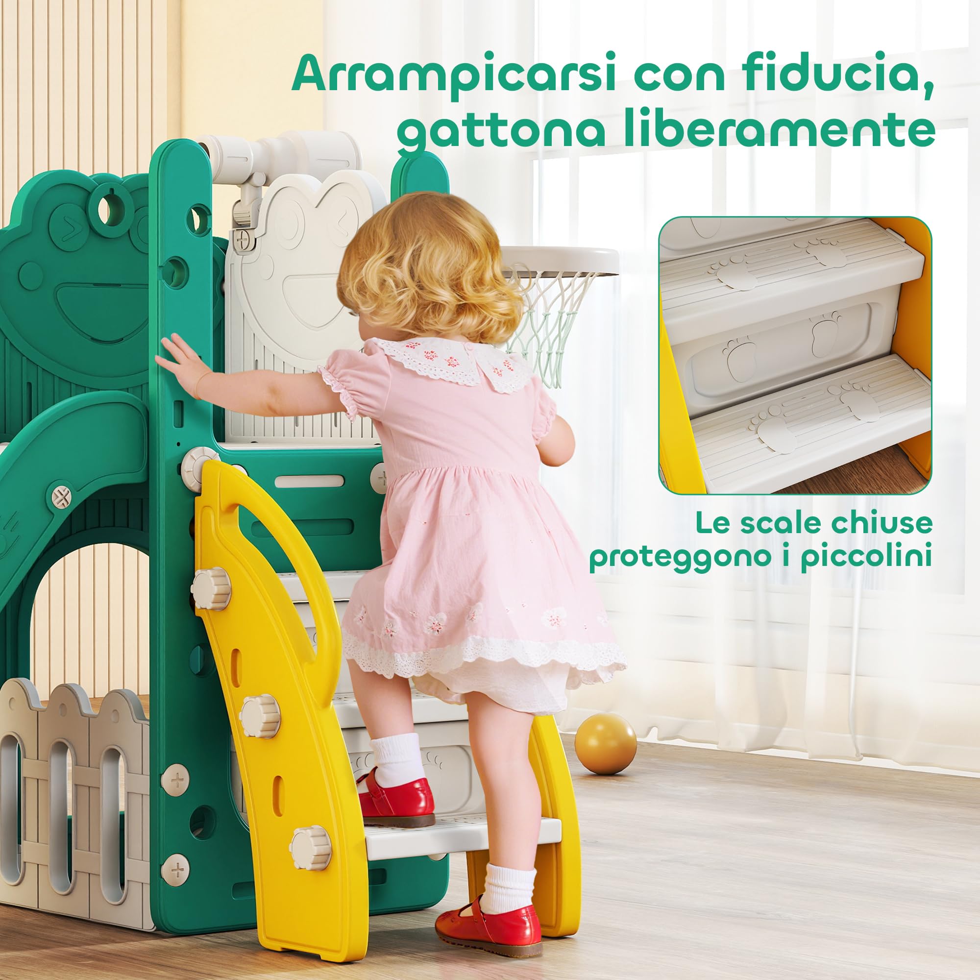 AIYAPLAY Set Scivolo per Bambini 5 in 1 con Canestro, Scaletta, Telescopio Giocattolo e Contenitori, Giochi per Bambini da Interno ed Esterno Età 1-3 Anni, Giallo