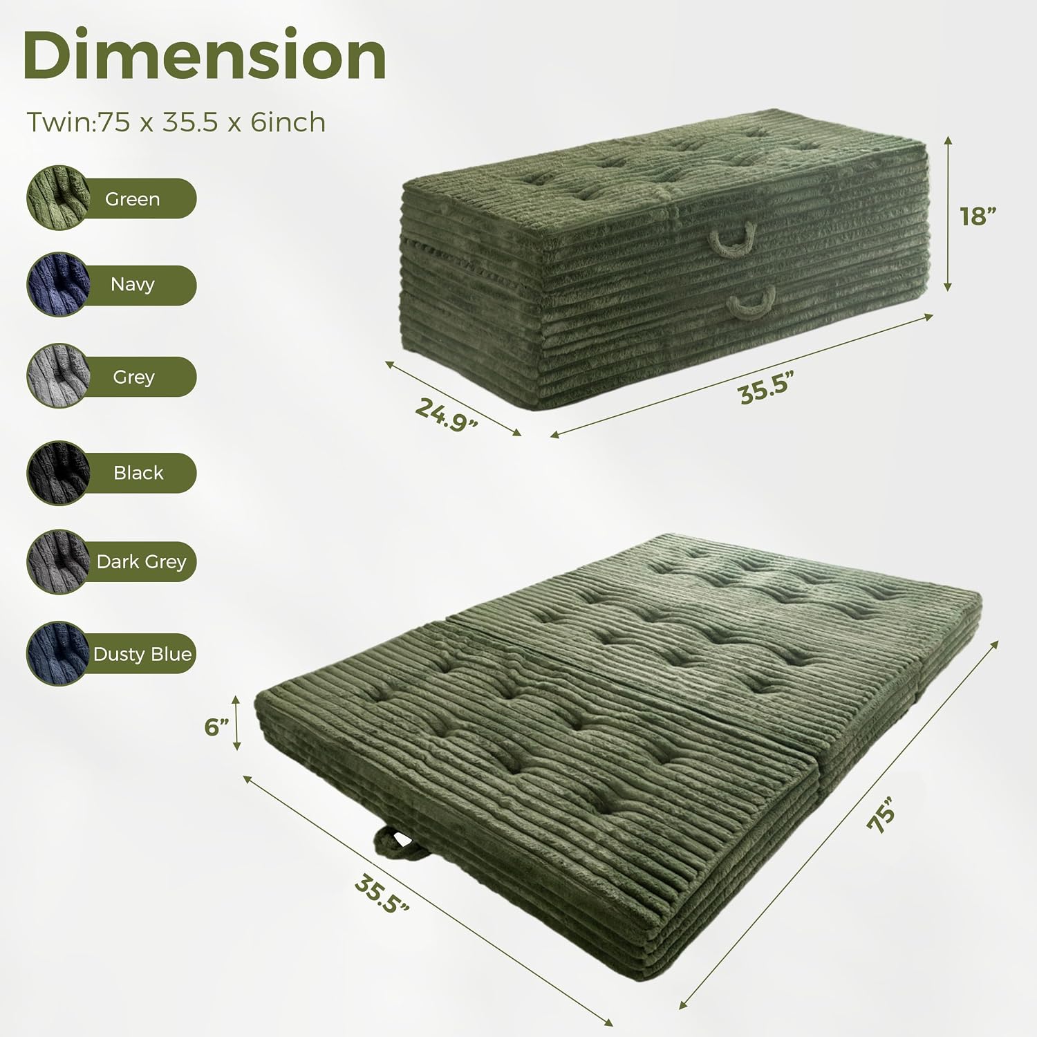 MAXYOYO Folding Sofa Couch Bed, 6 Inch Tri-Fold Floor Sofa Bed, Folding Mattress with Handles, Soft Faux Fur Folding Bed with Supportive Foam Filling, Portable Couch for Living Room, Twin, Dark Green