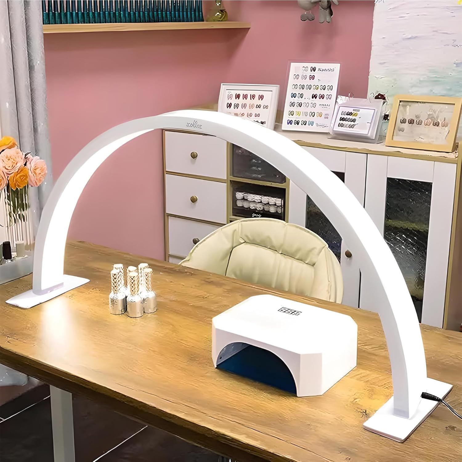 Half Moon Nail Desk Lamp – 3360 Lumen LED Light for Nail Techs, Tattoo & Lash Work, Moon Light for Desk – Sleek White Design, Button Control
