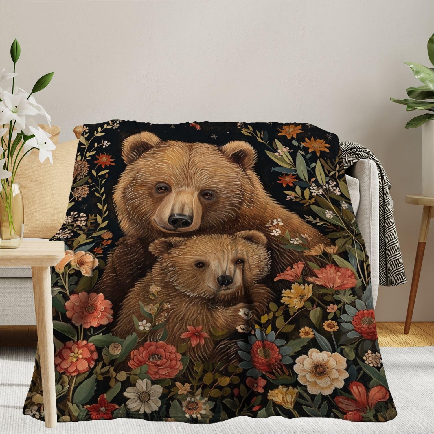 Vintage Red Floral Plant Art Fleece Flannel Lightweight Blanket for Bed, Sofa, Couch, Camping, Travel - 100x125cm