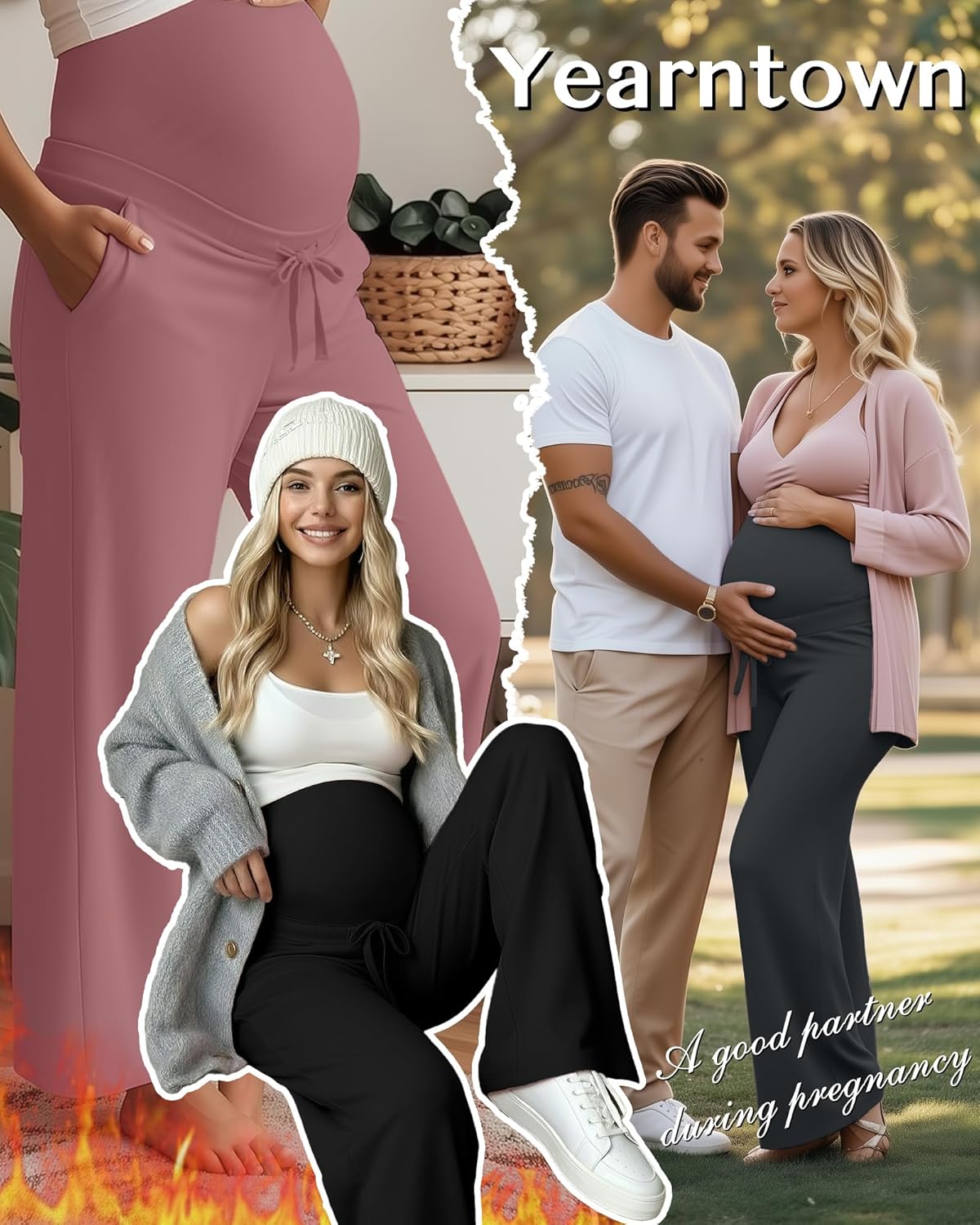 3 Pack Fleece Lined Maternity Pants Pregnant Lounge Pants Wide Leg Casual Sweatpants with Drawing and Pocket - Image 4