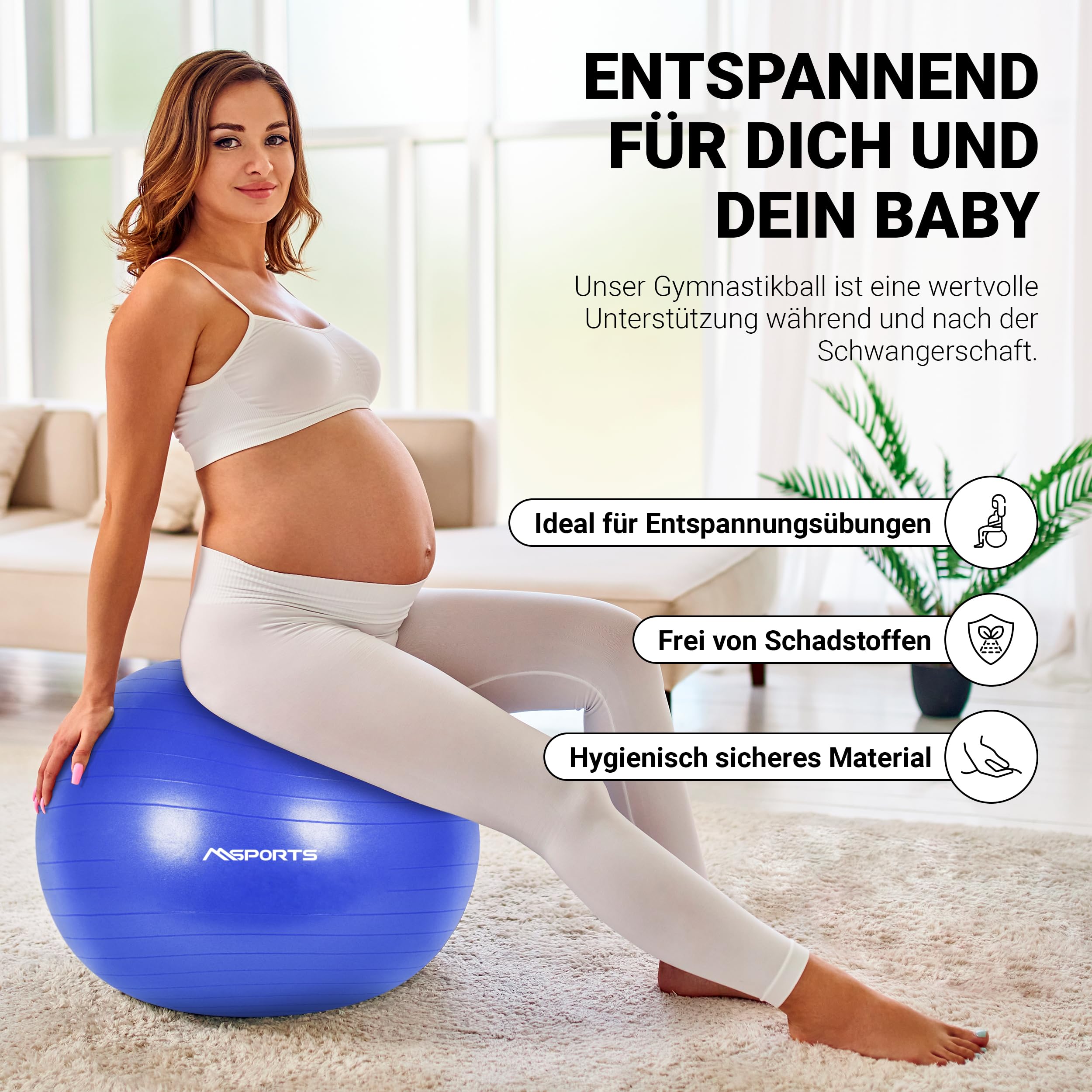 MSPORTS Palla da ginnastica Premium Anti Burst con pompa + app per allenamento, 55 cm – 105 cm – palla fitness con poster per esercizi