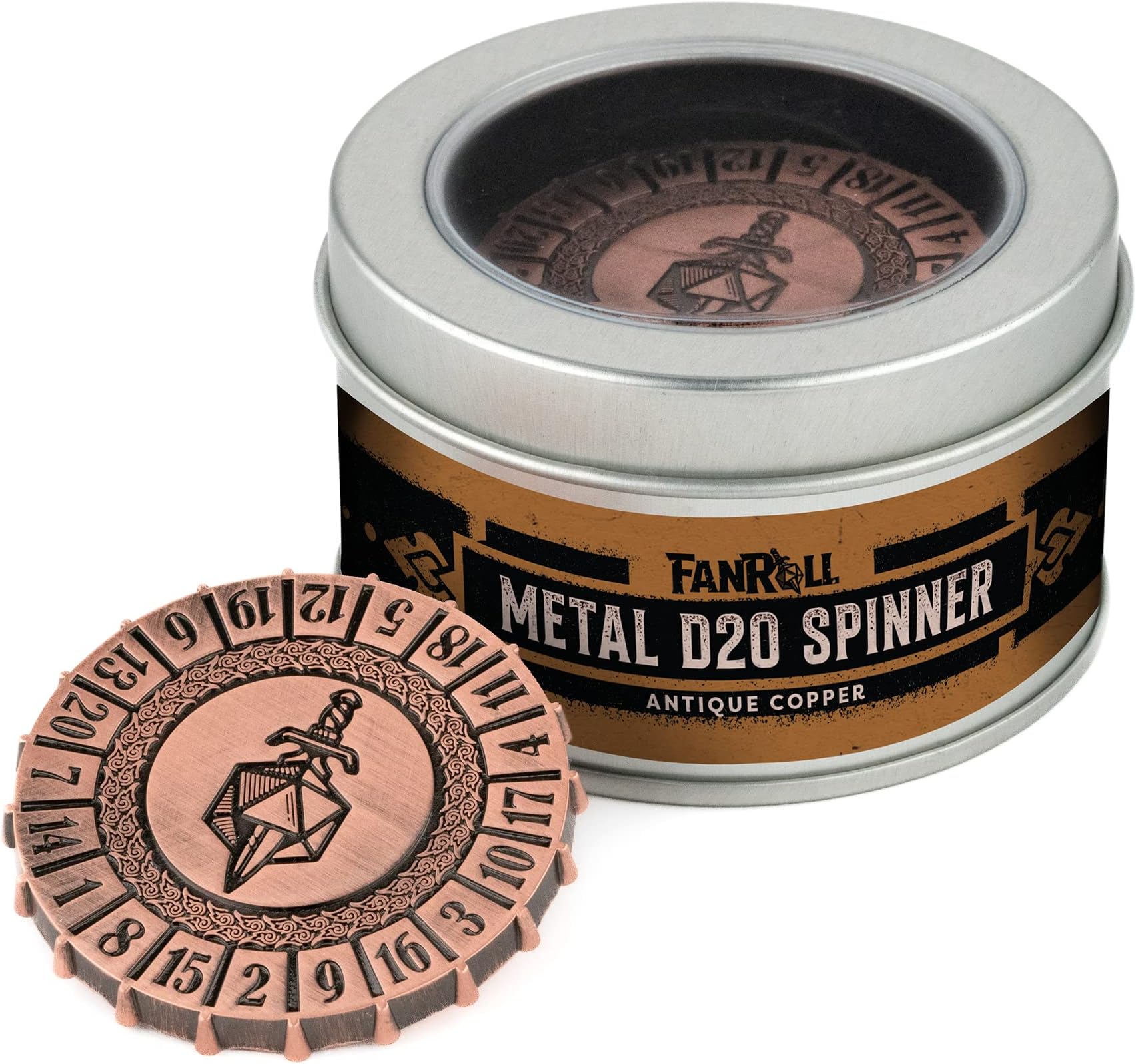 FanRoll Metal d20 Spinner: Antique Copper