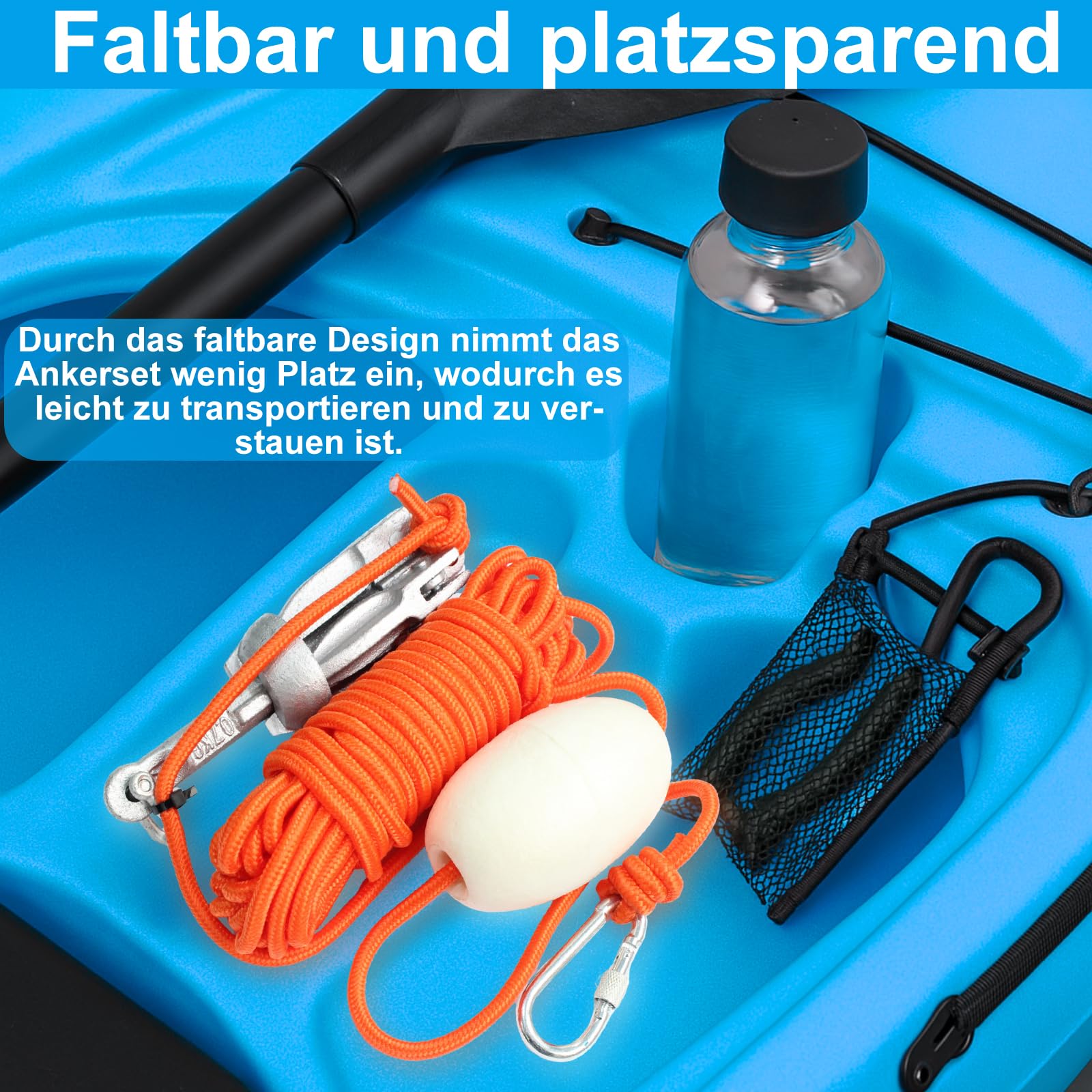 BeGrit 0,7Kg Anker Faltanker verzink Ankerset mit 10m reißfesten Ankerleine ø 6 mm & Ankerboje Kugel Set(Silber)