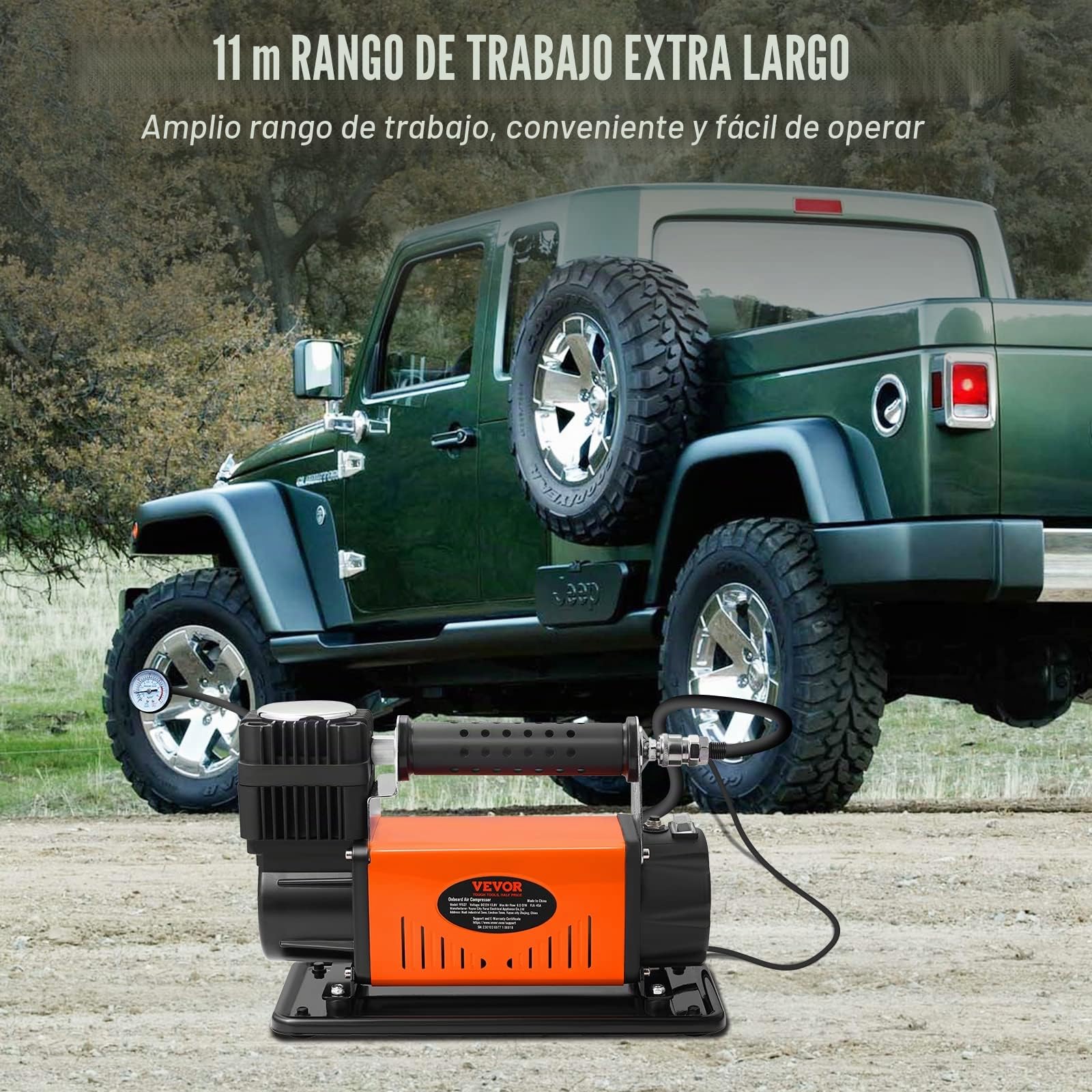 VEVOR Compresor Automático con Motor 12V Inflador Portátil de Neumáticos de Coche 150PSI 6CFM Protección Térmica Bomba de Aire Cable de Alimentación Manguera de Aire de 3m 7,9m para Inflar Camión SUV