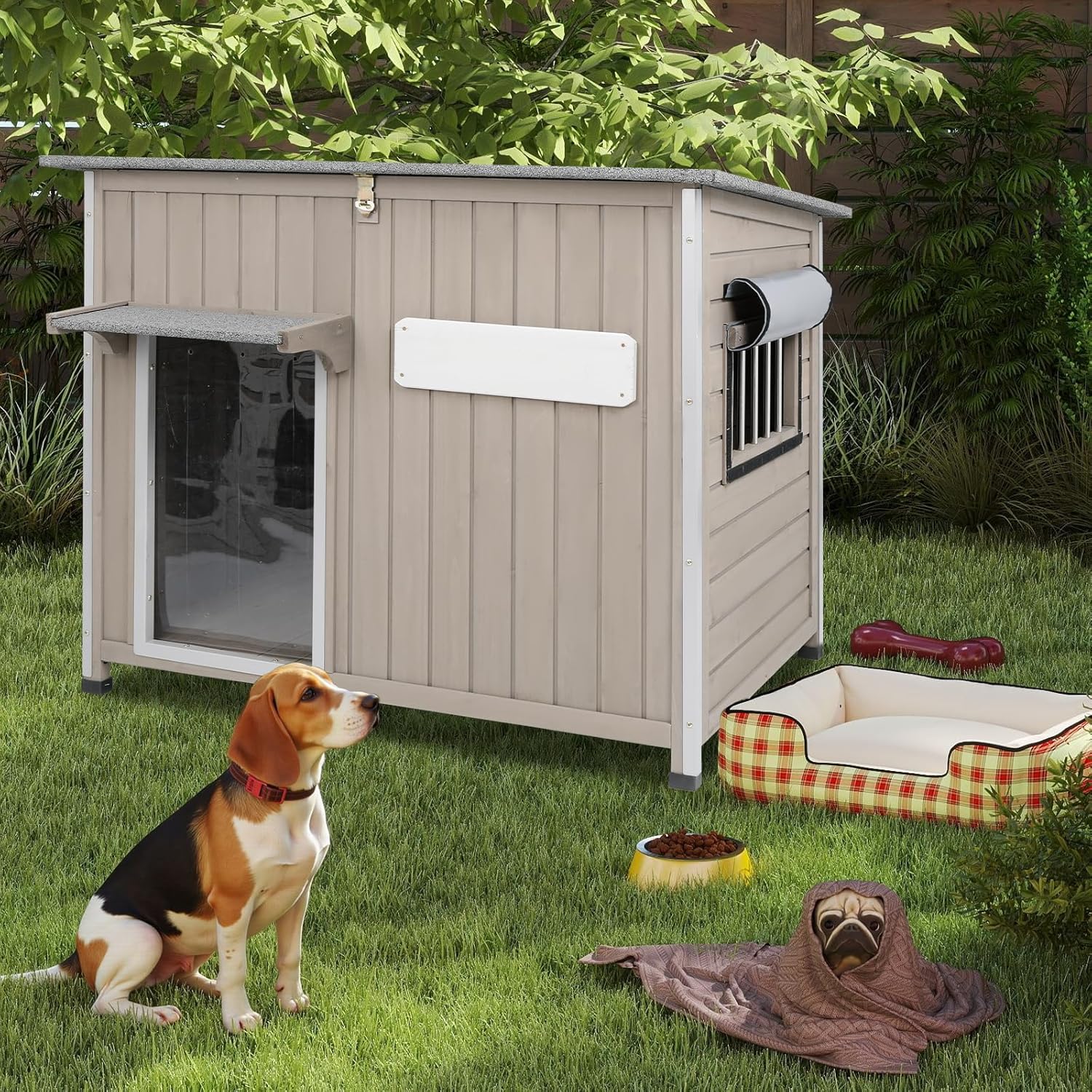 Outdoor Dog House Weatherproof, Wooden Puppy Shelter with Anti-Chewing Iron Frame and Elevated Floor, Sturdy Dog Kennel for Small, Medium & Large Dogs (Gray, 40" L x 26" W x 31" H)