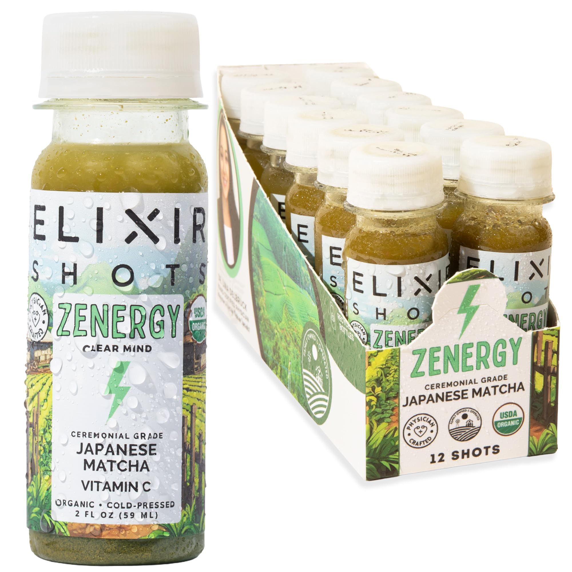 Elixir Shots Energy Wellness Shot with 100% Organic Ingredients, Matcha, Orange, Peppermint, Apple Cider Vinegar, Cold Pressed, No Added Sugars or Artificial Ingredients, 12-Pack