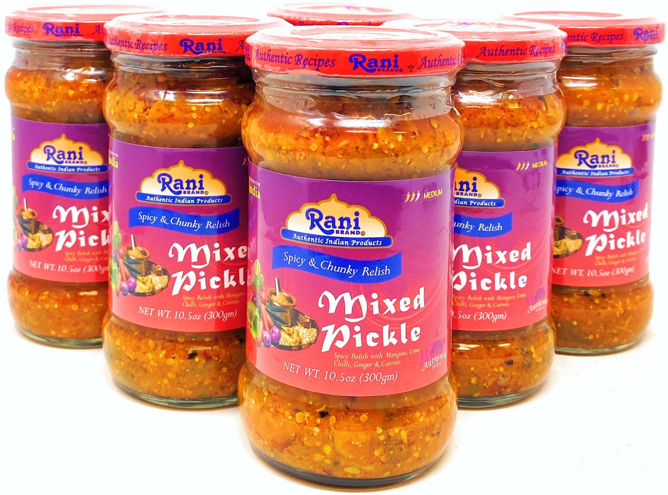 Rani Mixed Vegetable Pickle (Achar, Spicy Indian Relish) 10.5oz (300g) Glass Jar, Pack of 5+1 FREE ~ Vegan | Gluten Free | NON-GMO | No Colors | Popular Indian Condiment, Indian Origin