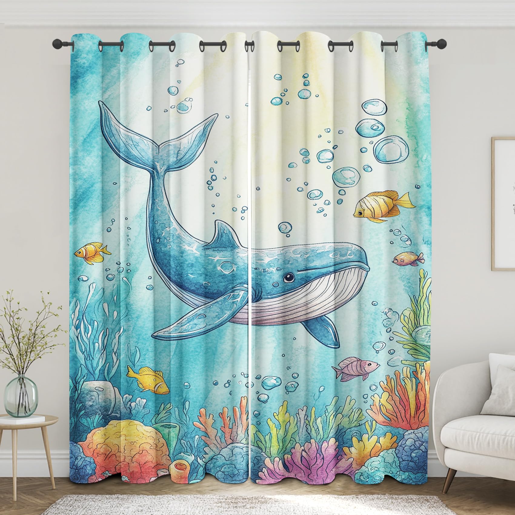 Ocean Animals Curtains for Nursery Bedroom 63 Inch Length 2 Panels, Sea Fish Whale Kids Blackout Curtains, Thermal Insulated Grommet Window Curtain for Living Room Drapes a1FT&-124