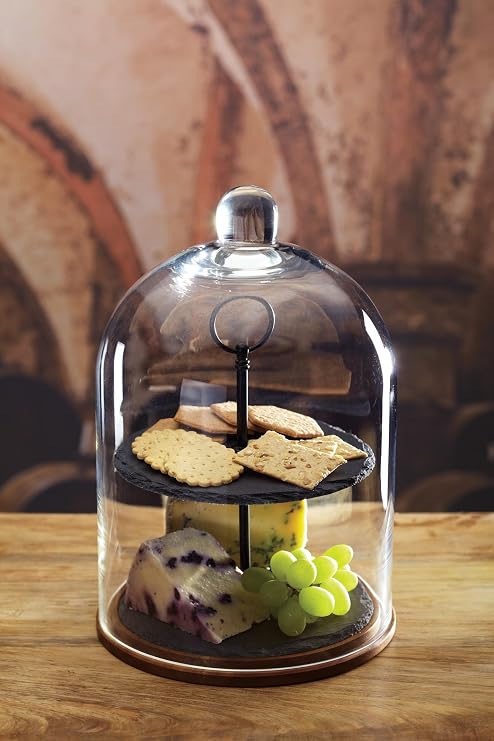Artesà 2-Tier Serving Stand/Cake Dome, Glass Cloche Food Display Cover / Storage with Tiered Slate Platters and Wooden Base, 22 x 31 cm - Black/Clear Glass/Wood