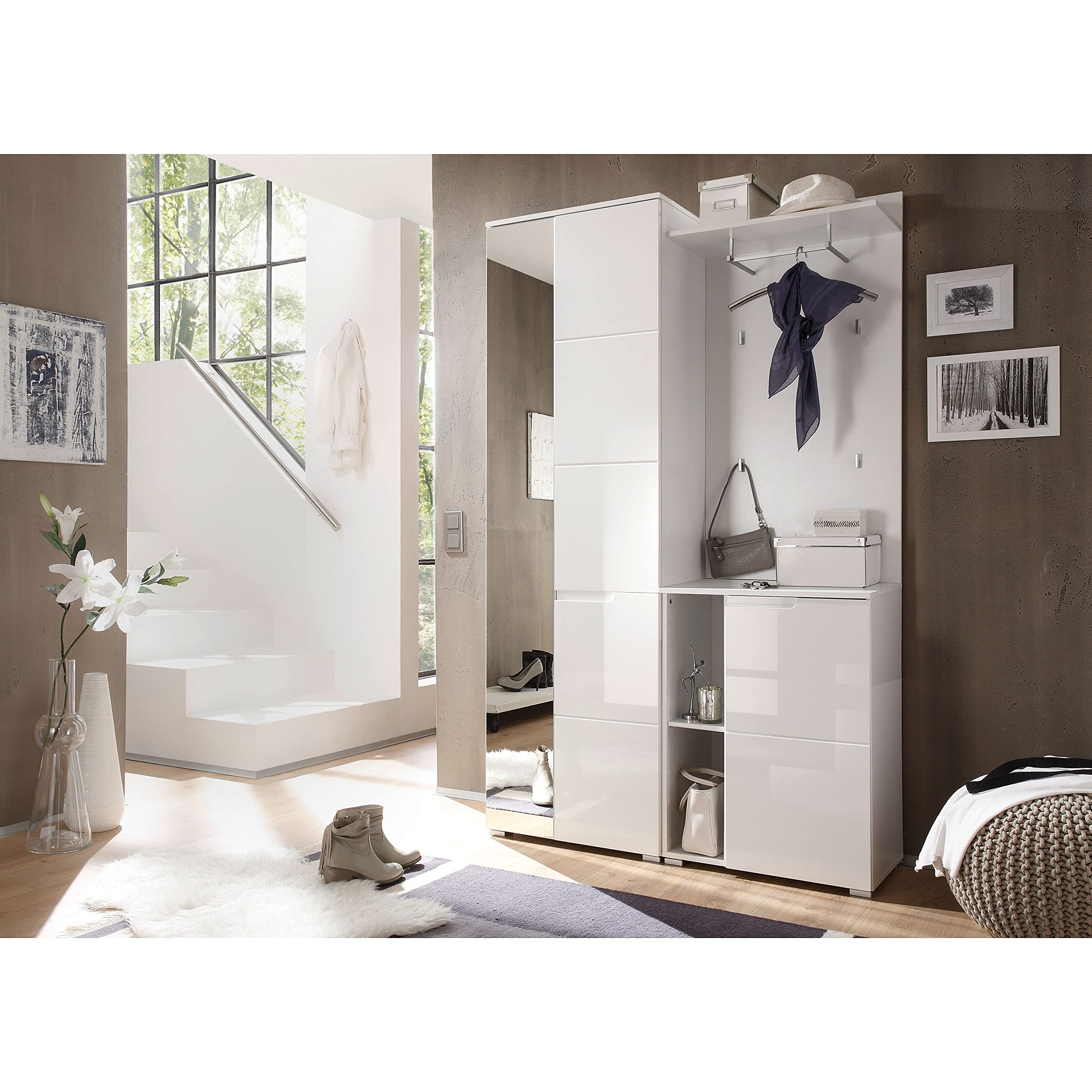 Stella Trading SPICE Flurgarderoben Set in Hochglanz Weiß - Stylishe Kompaktgarderobe mit Spiegel für Ihren Eingangsbereich - 120 x 198 x 40 cm (B/H/T)