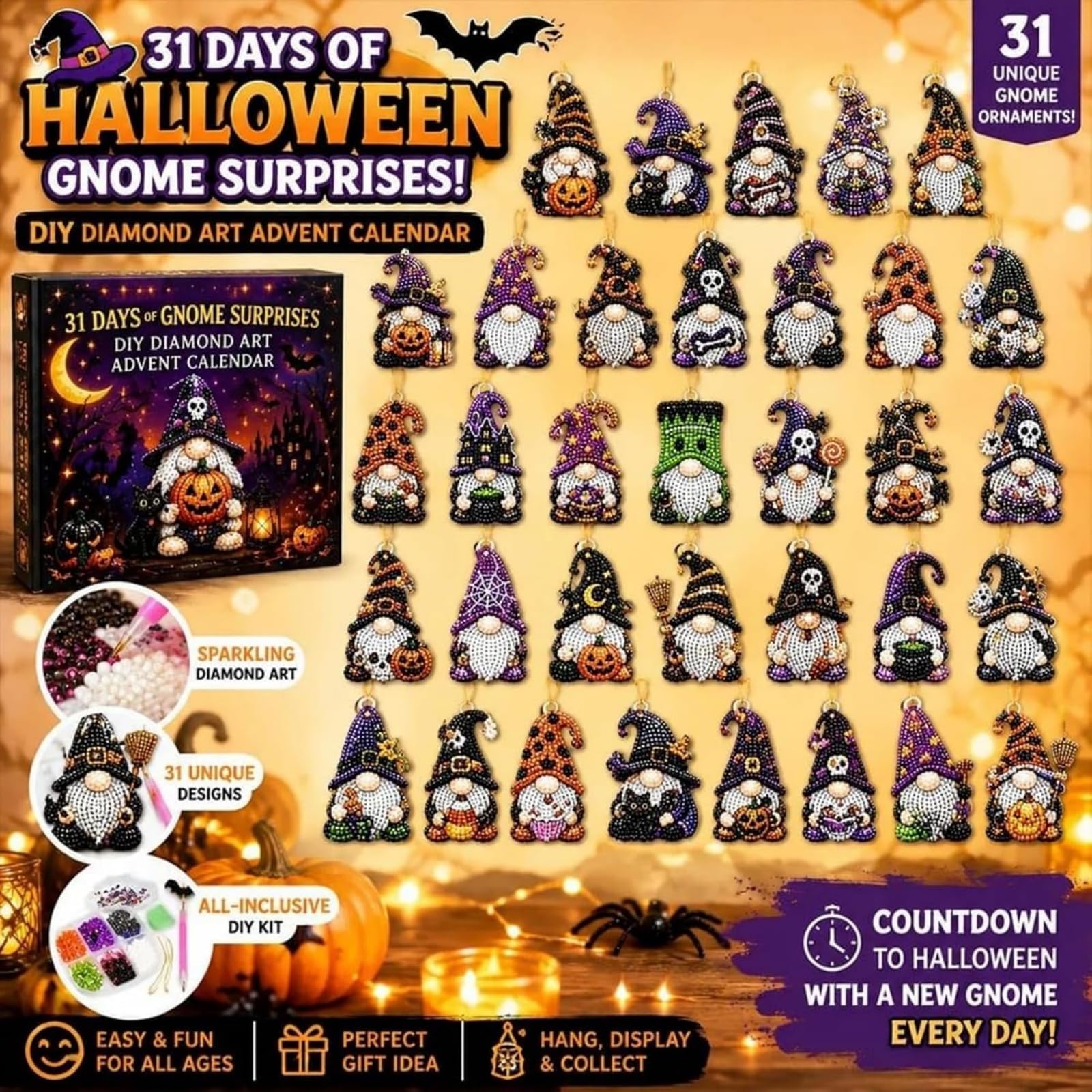 Calendario dell'Avvento con pittura con diamanti di Gnome Halloween | Kit Fai-da-Te con 31 Ornamenti a Forma di Gnomo, Set Completo di Diamond Painting con Strumenti e Perline, Regalo Creativo