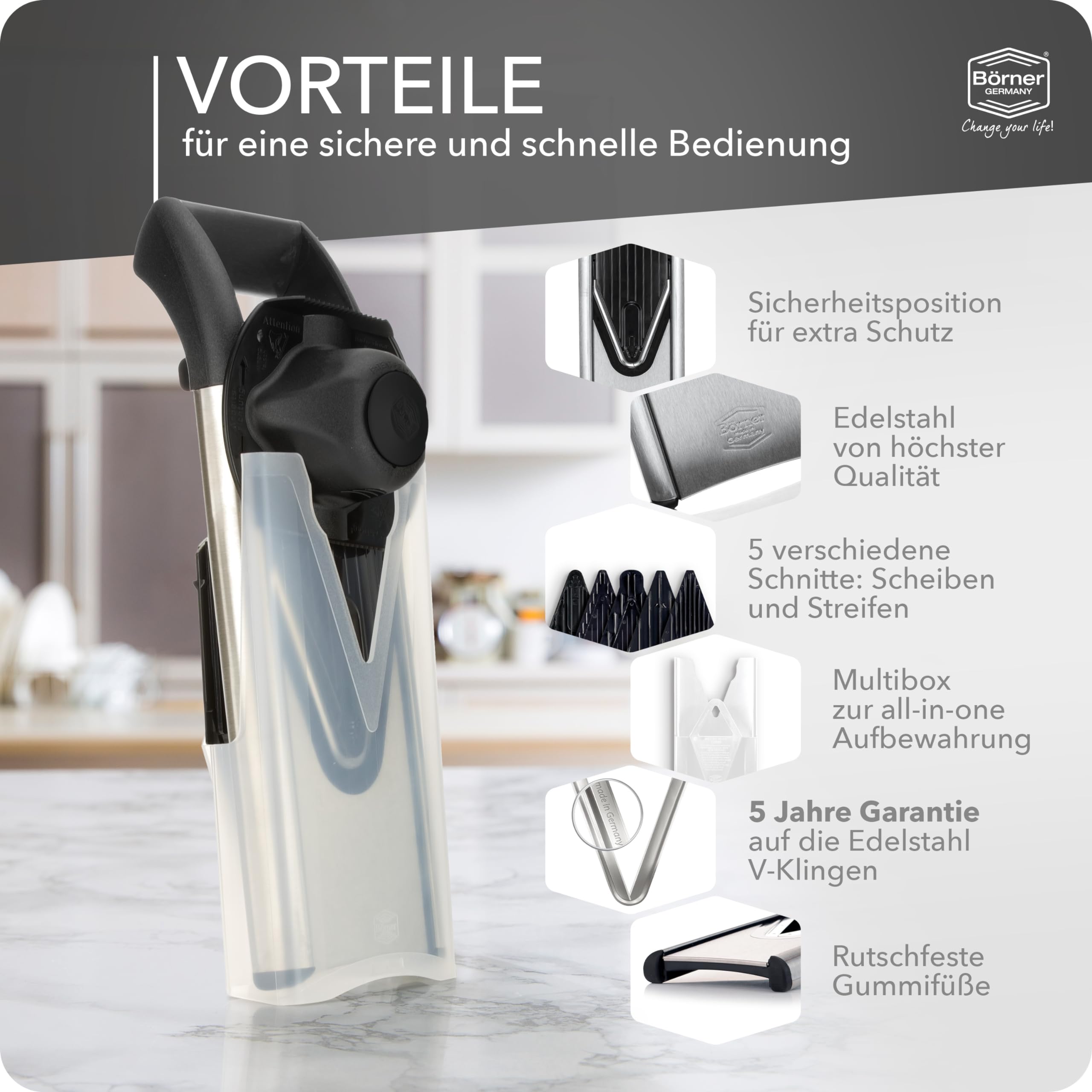 Börner Gemüsehobel V6 (Starter Set) • Edelstahl Hobel mit V-Klinge • Verstellbarer V-Hobel für Gemüse & Obst • Gemüseschneider für Scheiben, Julienne Streifen und Stifte • Gemüsereibe
