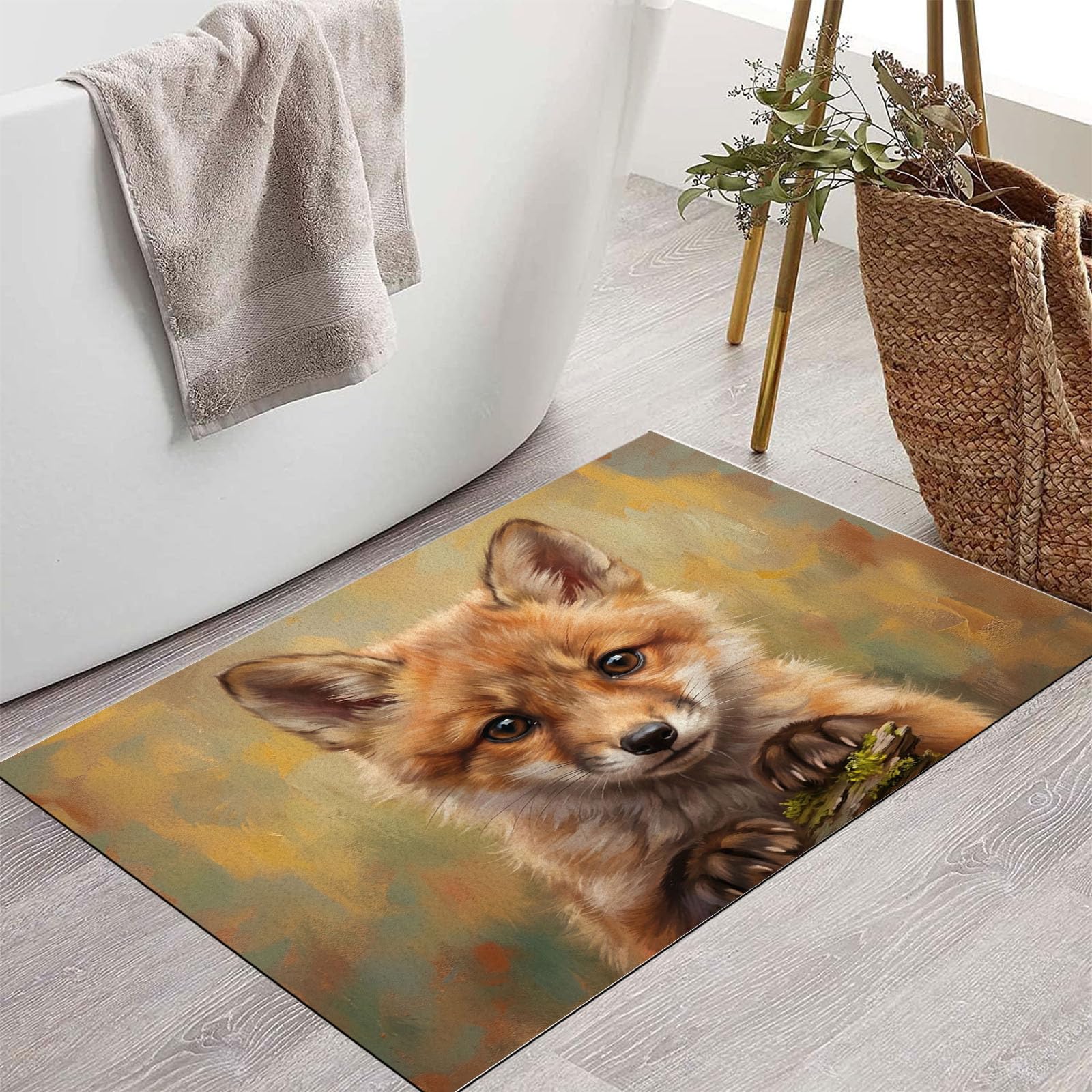 60X90Cm Zerbino Ingresso Interno Antiscivolo Assorbente, Tappeto Microfibra Sottile Lavabile Con Dipinti Ad Olio Realistici Animali Cuccioli Volpe Adorabili Per Cucina Bagno Porta Animali, Marrone