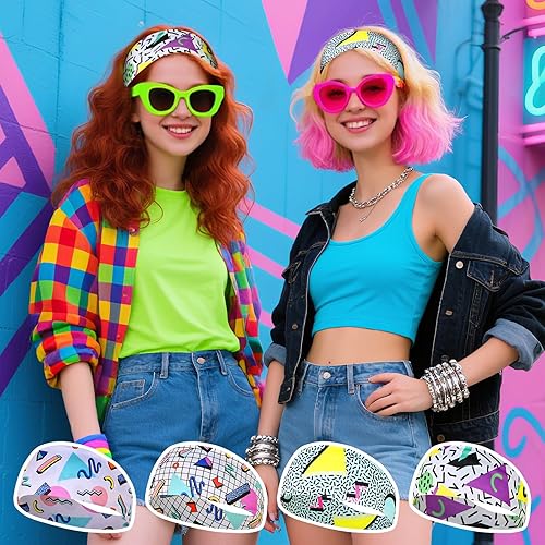 Miniatura 6 de Paquete de 8 diademas de neón con estampado de los años 80 y 90, accesorios retro de los años 80, trajes de los años 90 para mujeres, banda para el