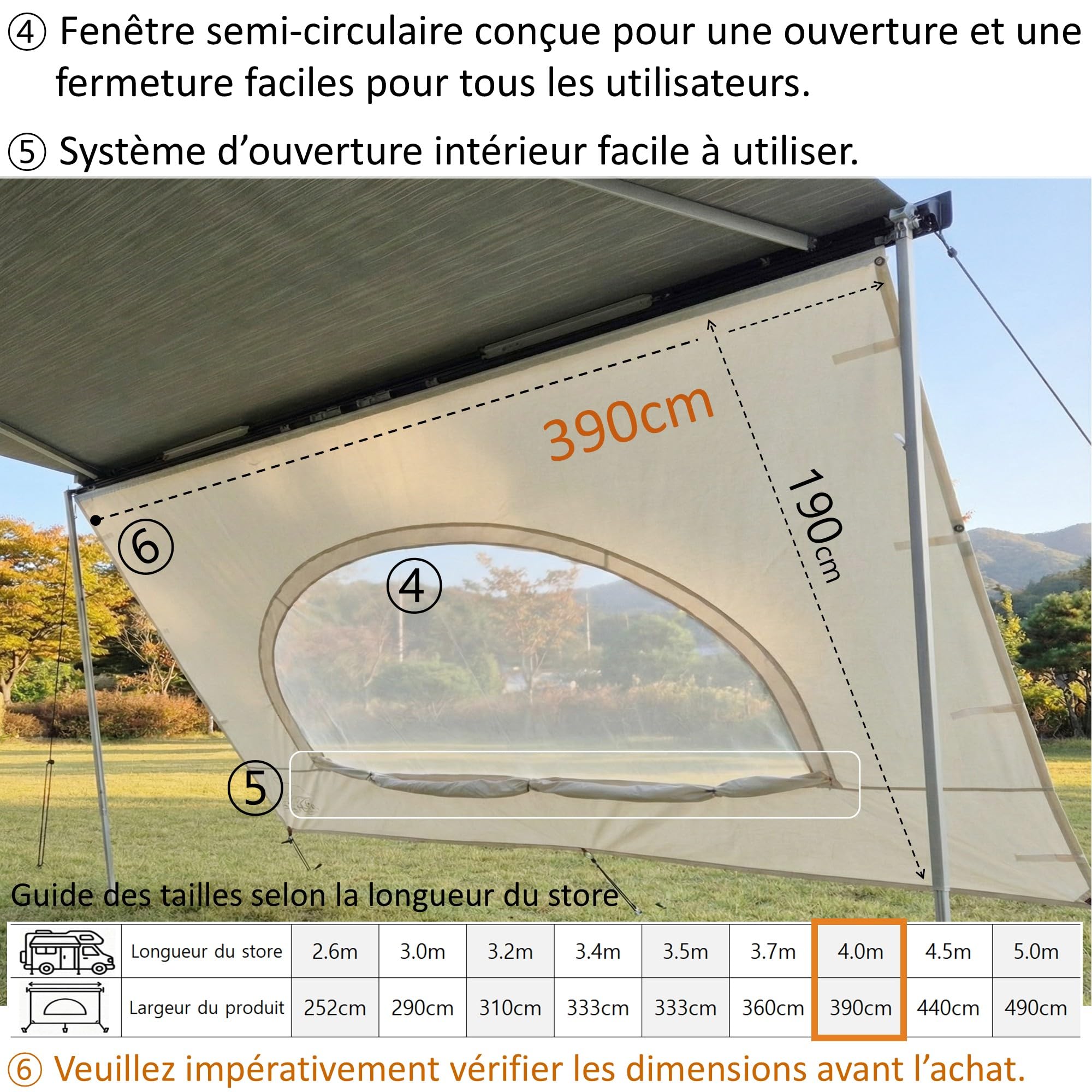 AIRIS Paroi avant d'auvent pour camping-car et caravane 390 x 190 cm – Brise-vue et protection solaire pour auvents, tissu mélangé de coton de qualité supérieure, imperméable, forte protection solaire