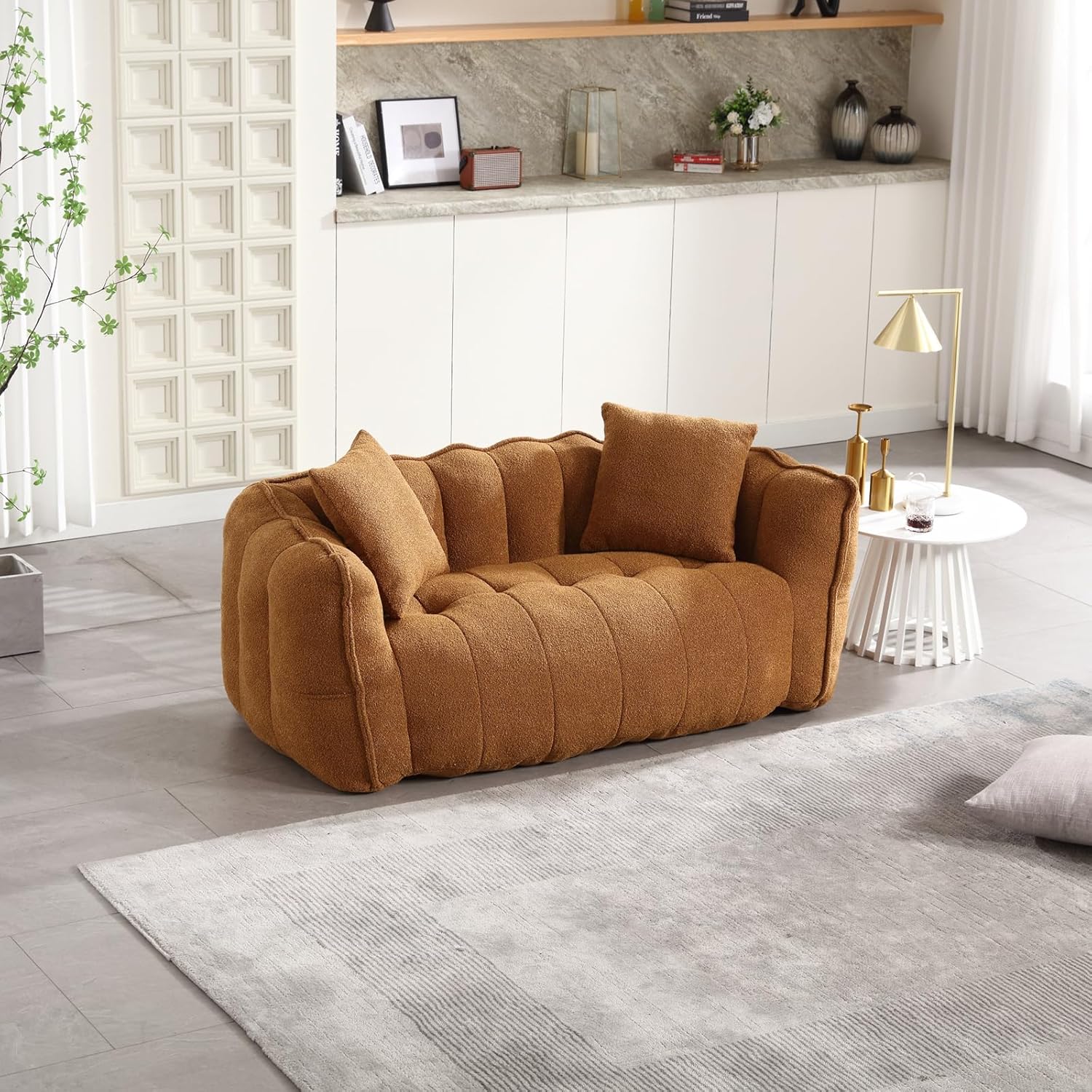 Bean Bag Couch for Adults, Oversized Two People Bean Bag Chair with Foam Filler, Comfy Floor Sofa Loveseat with 2 Pillows, Lazy Pumpkin Lounger Giant Beanbag for Living Room, Chenille Yellow