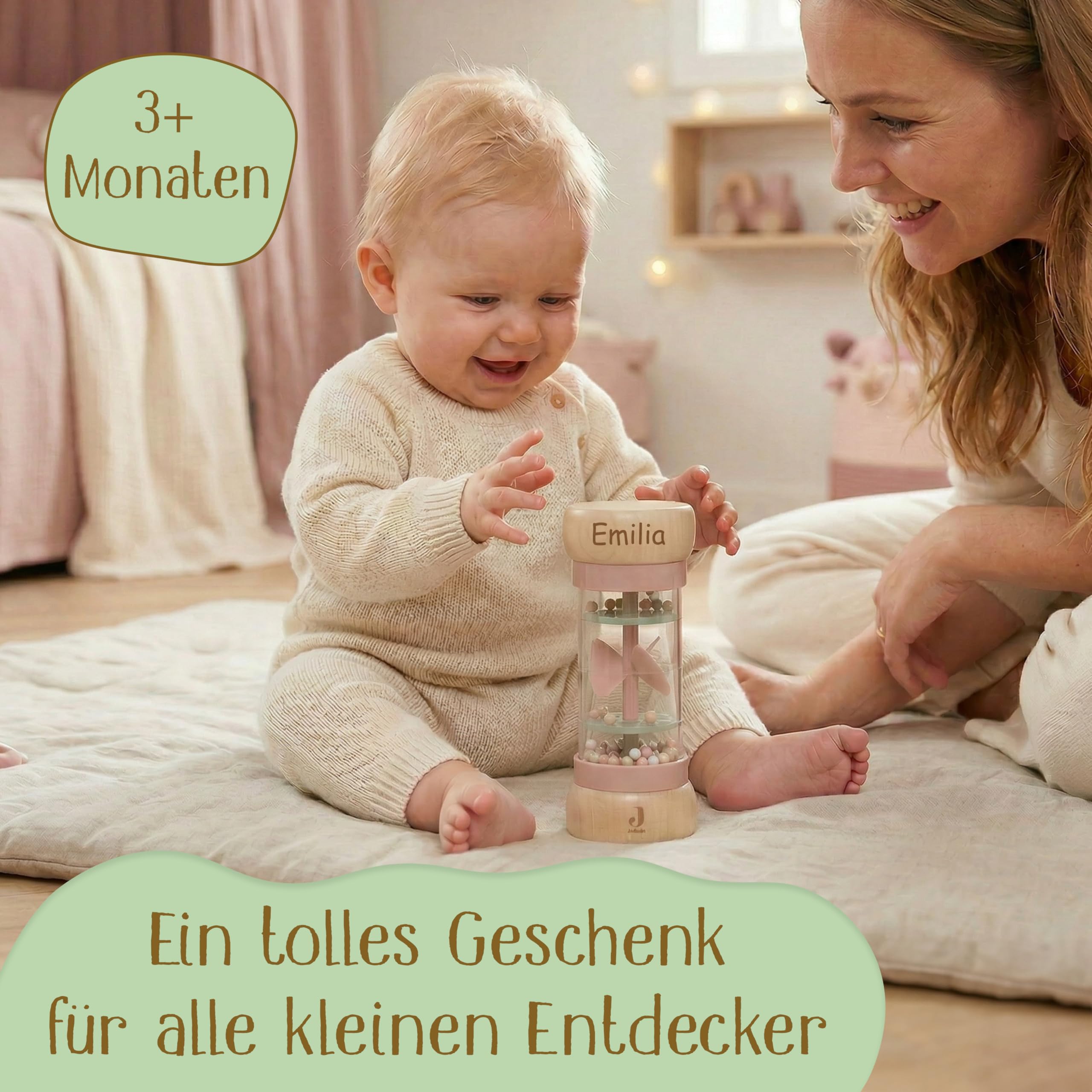 Regenmacher personalisiert mit Name – FSC Holz Baby Rassel ab 3 Monate – Geschenk zur Geburt, Taufe, Geburtstag, Motorikspielzeug Baby Mädchen – Holzspielzeug mit Gravur