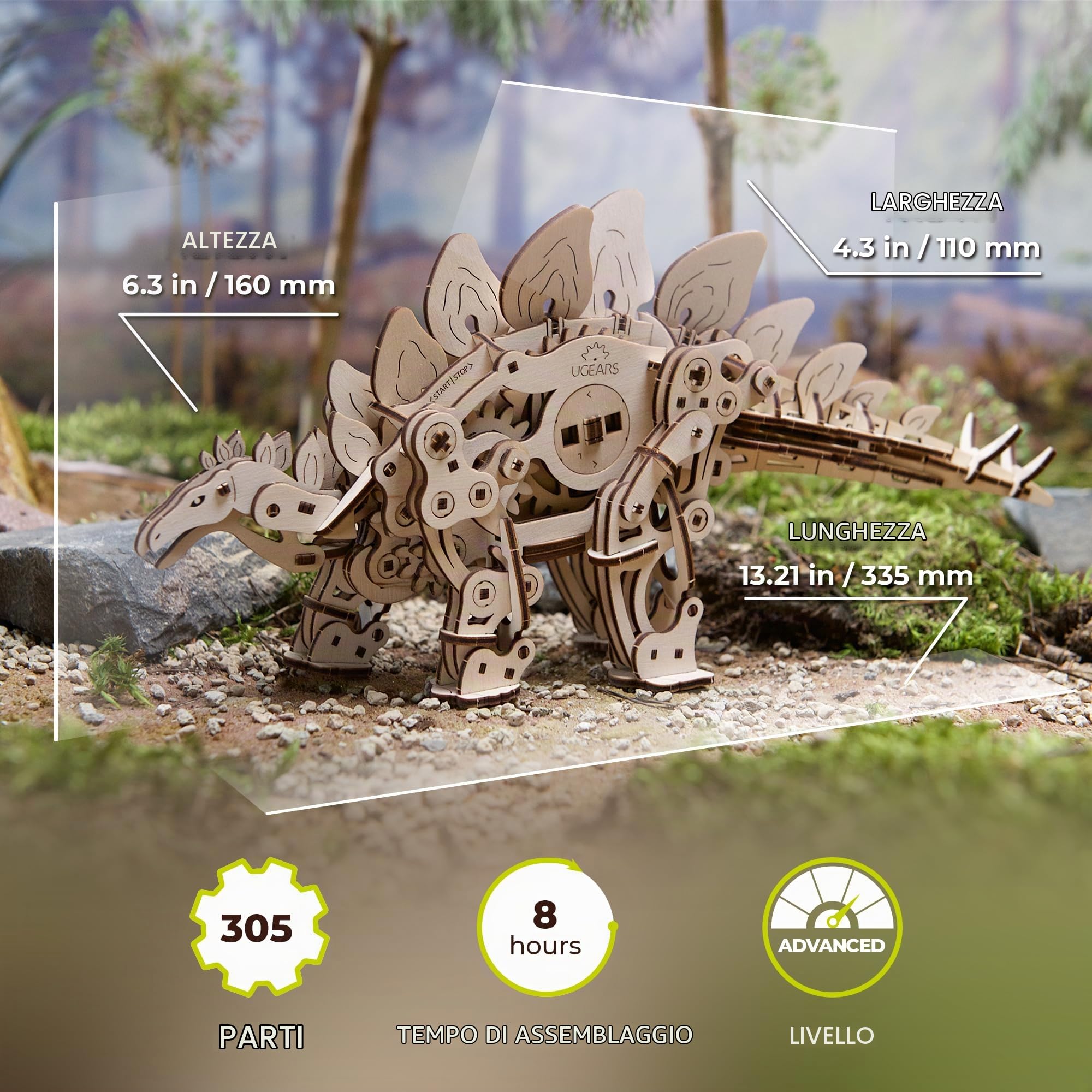 UGEARS Puzzle Legno 3D Dinosauri da Costruire - Stegosauro Meccanico Realistico - Ideale per Appassionati di Modellismo e Puzzle 3D Legno - 305 Pezzi - Età 14+