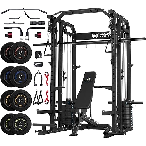 Major Fitness Drone2 Advanced Training Smith Machines– All-in-One Home Gym Squat Rack with Aluminum Pulley Set , Weight Bar, Dual LAT Pull-Down Systems & Cable Crossover Machine for Full-Body Workouts