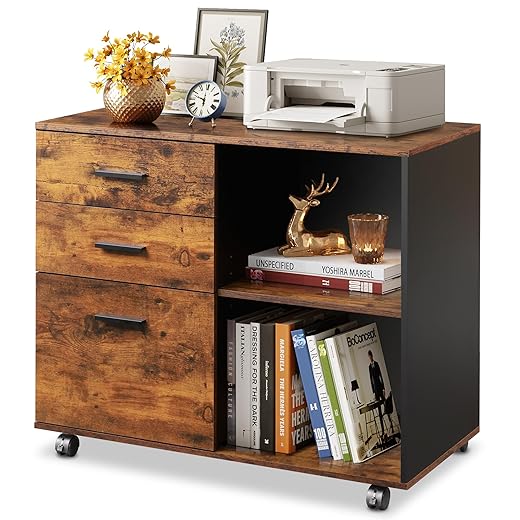 DEVAISE 3 Drawer Mobile File Cabinet, Wood Lateral Filing Cabinet, Printer Stand with Open Shelves for Home Office, Rustic Brown