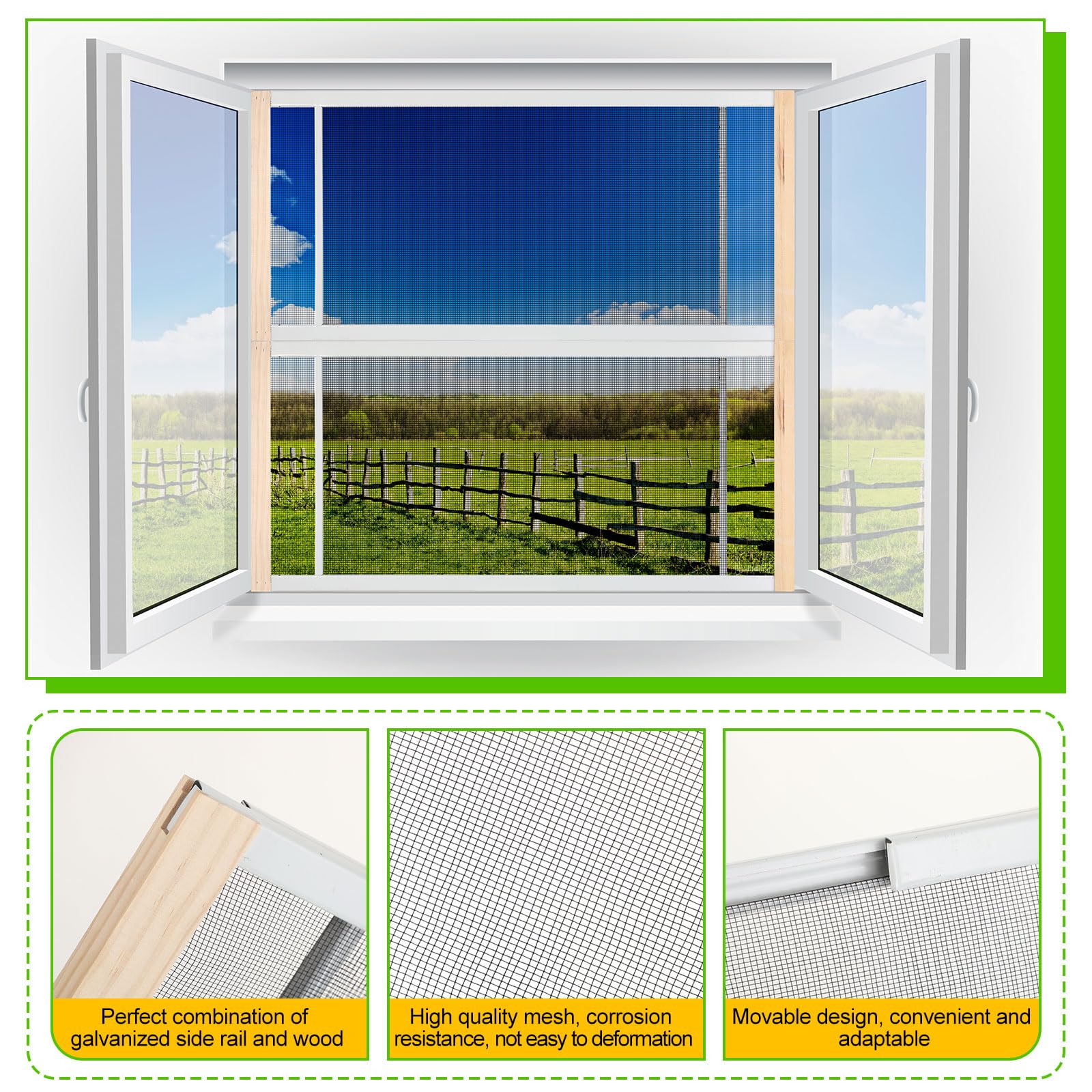 Hicarer 4 Pcs Expandable Window Screen Adjustable Sliding Window Screen Mesh with Zinc Plated Rails and Varnished Wood Ends Replacement Window Screens for Home(18 Inches High x 25-45 Inches Wide)