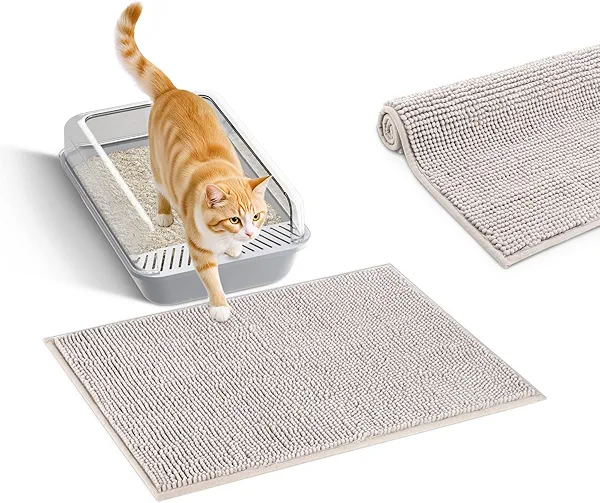 Pieviev Chenille Cat Litter Mat for Litter Box, 28"x22" Soft Ultra Absorbent Mat, Waterproof & Non-Slip, Easy to Clean Litter Trapping Mat for Indoor Cats, Grey