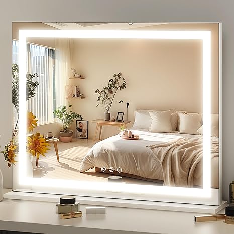 FENNIO 23" x 18" Vanity Mirror with Lights,LED Makeup Mirror,Hollywood Mirror with 3 Color Modes & Adjustable Brightness,Vanity Mirror Square White