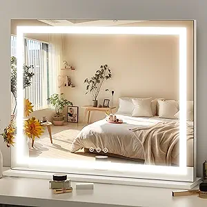 FENNIO 23" x 18" Vanity Mirror with Lights,LED Makeup Mirror,Hollywood Mirror with 3 Color Modes & Adjustable Brightness,Vanity Mirror Square White