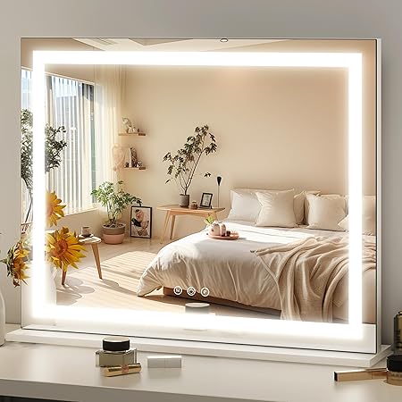 FENNIO 23" x 18" Vanity Mirror with Lights,LED Makeup Mirror,Hollywood Mirror with 3 Color Modes & Adjustable Brightness,Vanity Mirror Square White