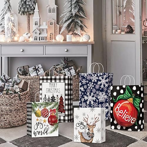 Miniatura 6 de Horaldaily 24 bolsas de papel de regalo de Navidad a granel con asas para envolver regalos de Navidad (6 jumbo, 6 grandes, 6 medianas, 6 pequeñas)
