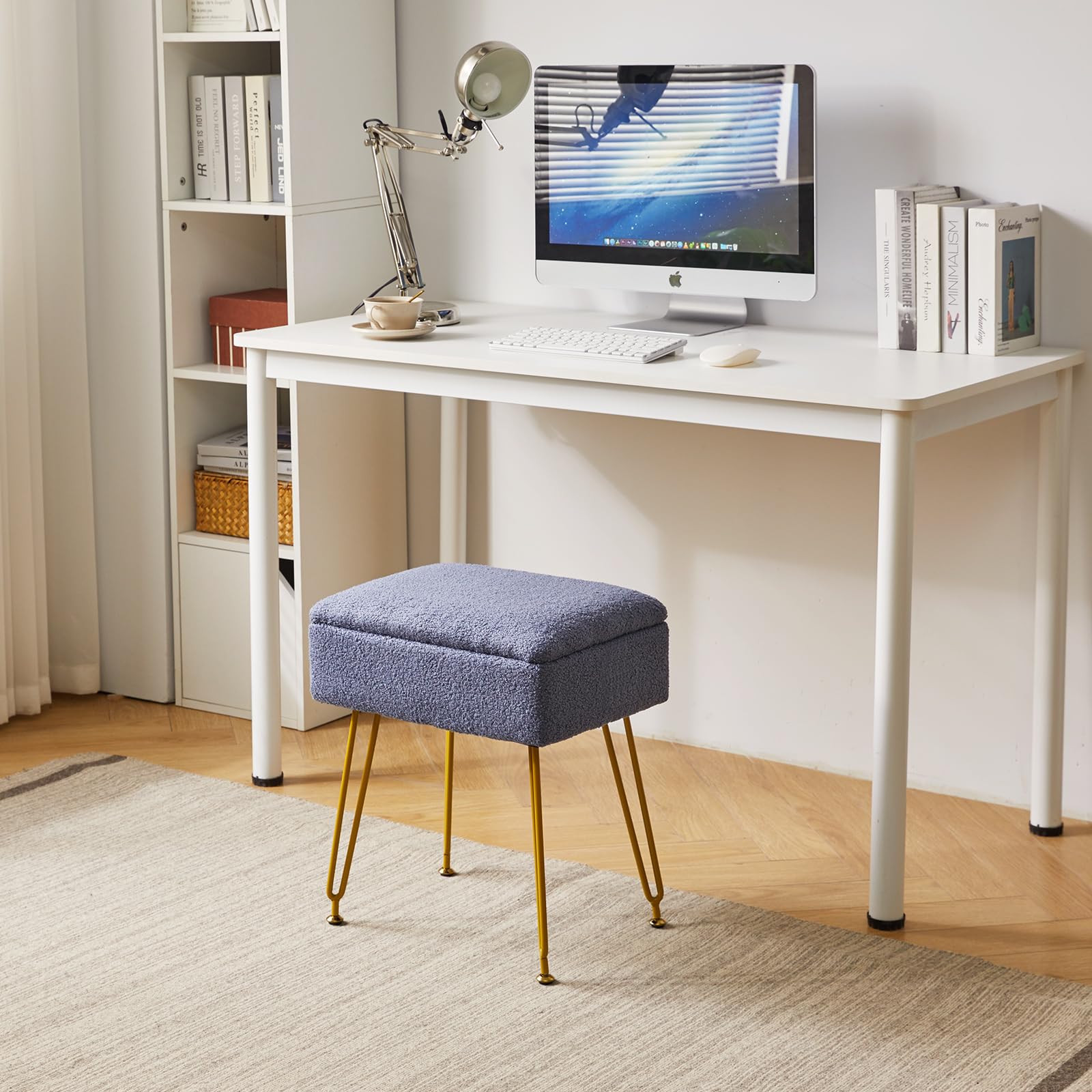 YMYNY Poggiapied, Sgabello Contenitore, Pouf Sgabello Ottoman, Sgabello Velluto Teddy, Pouf in Metallo Dorato, per Casa Soggiorno, Camerino, Camera da Letto 40×30×47CM Blu HBD031BU