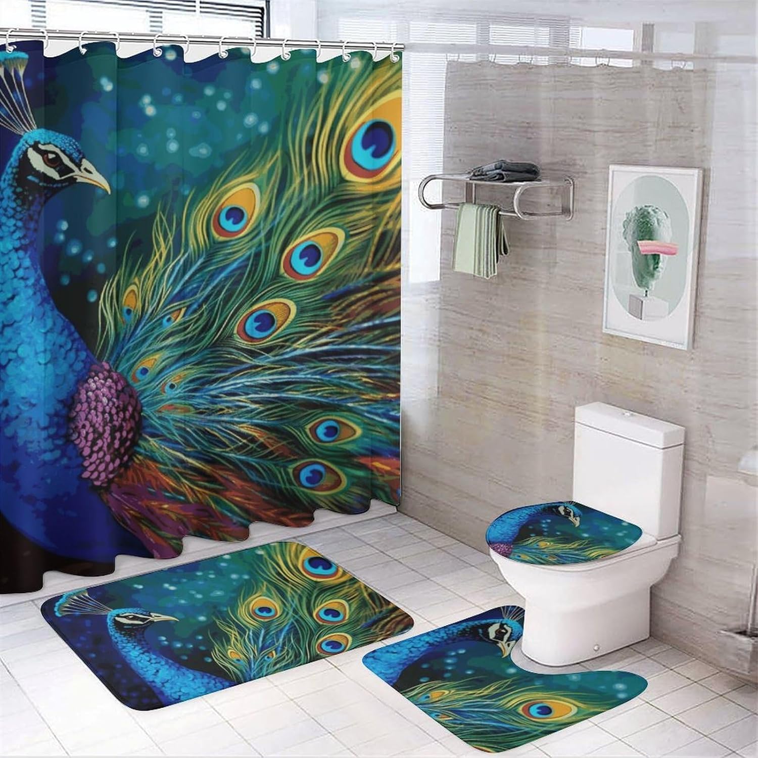 Colored Peacock Shower Curtain Set 4 Piece, Non-Slip Bath Mat with Toilet Lid Cover and Waterproof Shower Curtain with 12 Hooks, Complete Bathroom Set for Home Decor